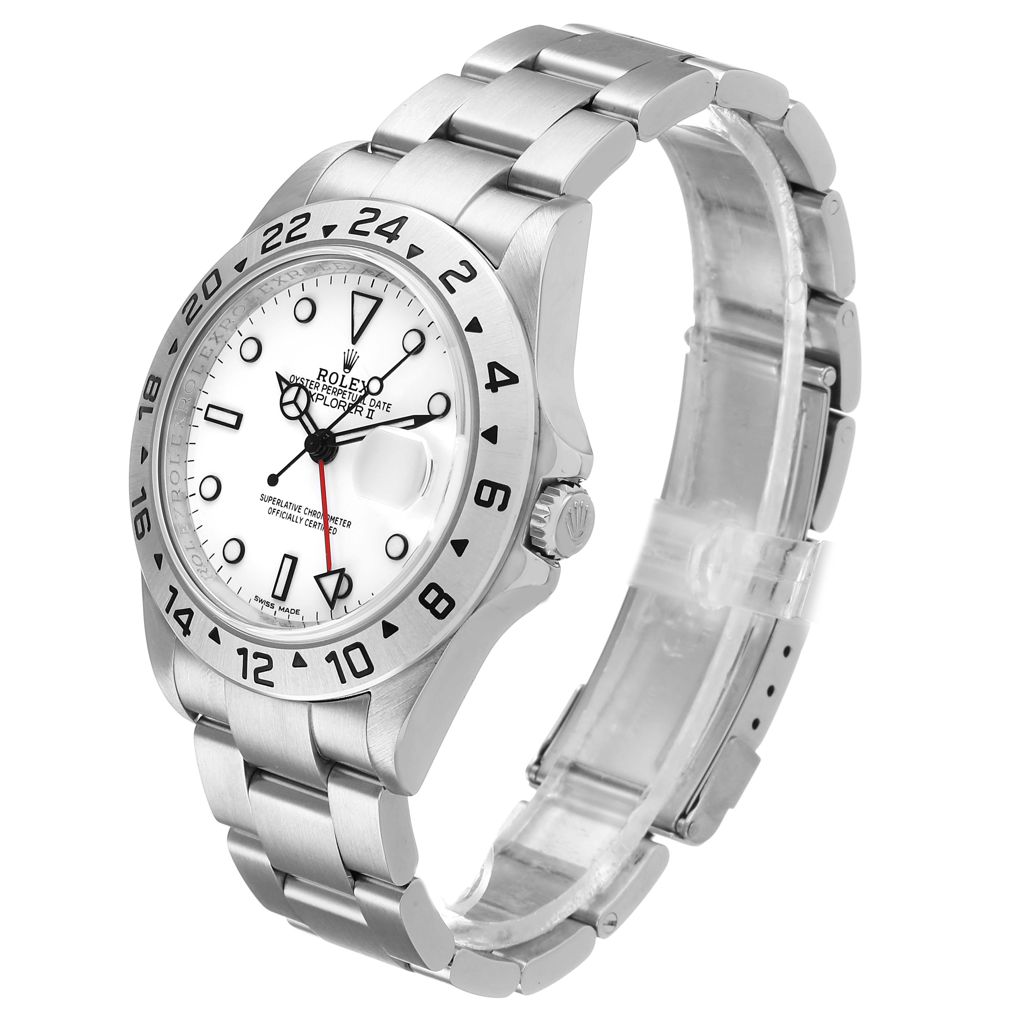 The Rolex Explorer 16570 T Men's Stainless Steel White Dial watch is shown from an angled side view, displaying the face, bezel, case, and bracelet.