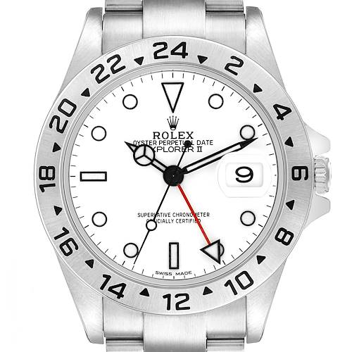 The image shows a front view of the Rolex Explorer 16570 T Men's Stainless Steel White Dial II watch, displaying the dial, bezel, and part of the bracelet.