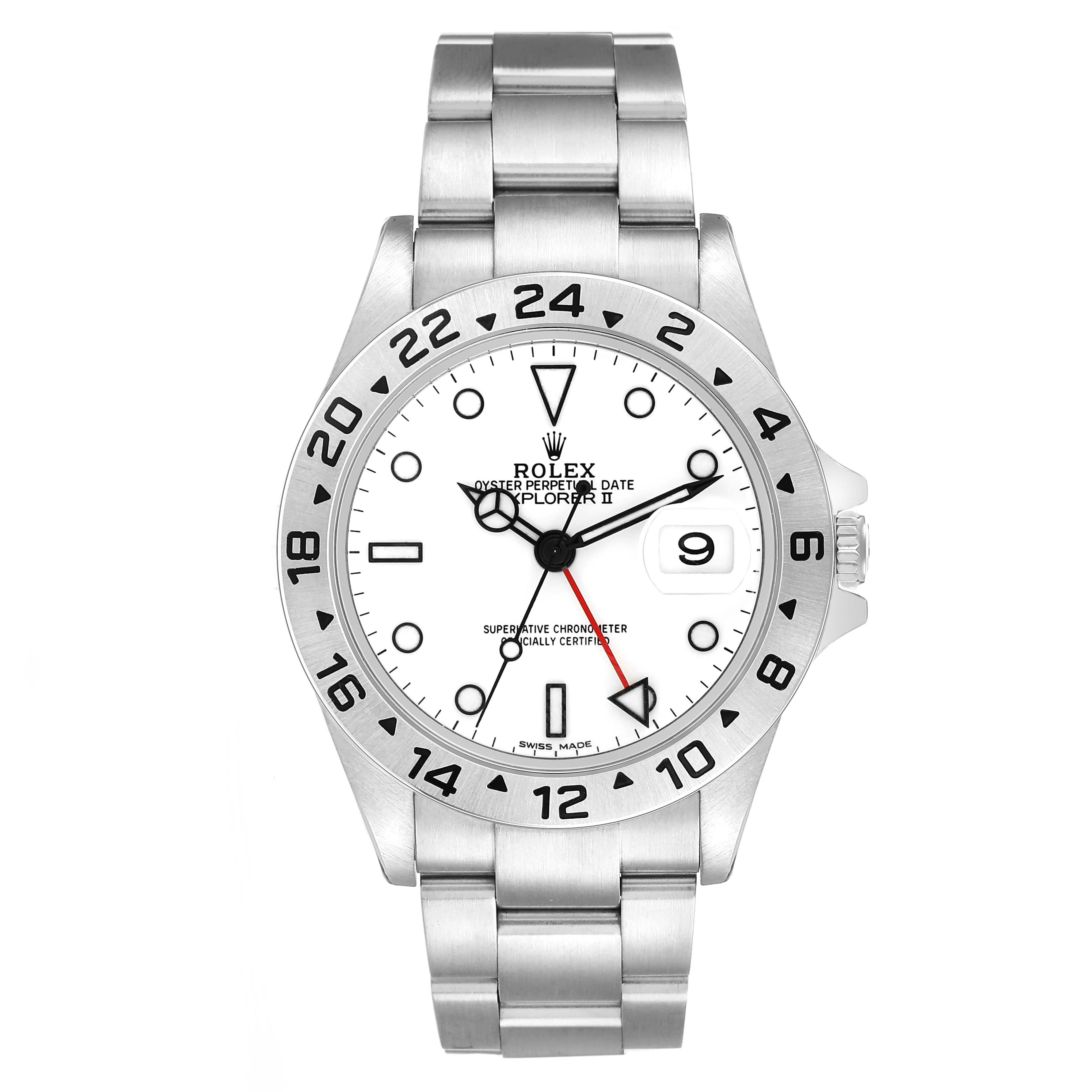 The Rolex Explorer 16570 T Men's Stainless Steel White Dial watch is shown from a front angle, highlighting the face, bezel, bracelet, and date window.
