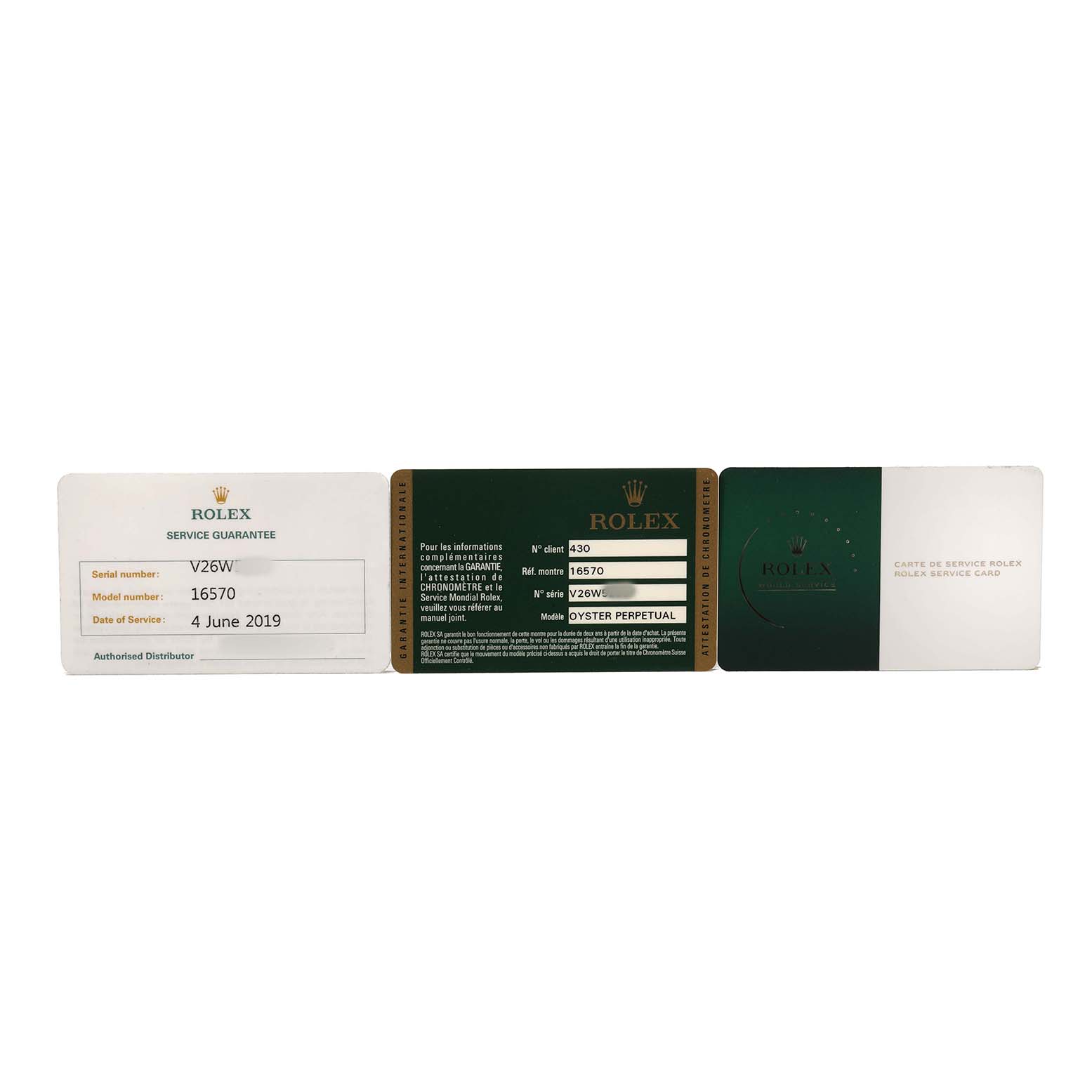 The image shows service guarantee cards and paperwork for a Rolex Explorer 16570 T Men's Stainless Steel White Dial model.