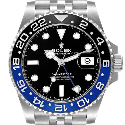 The image shows a front view of a Rolex GMT-Master II watch, highlighting the face, bezel, crown, and part of the bracelet.