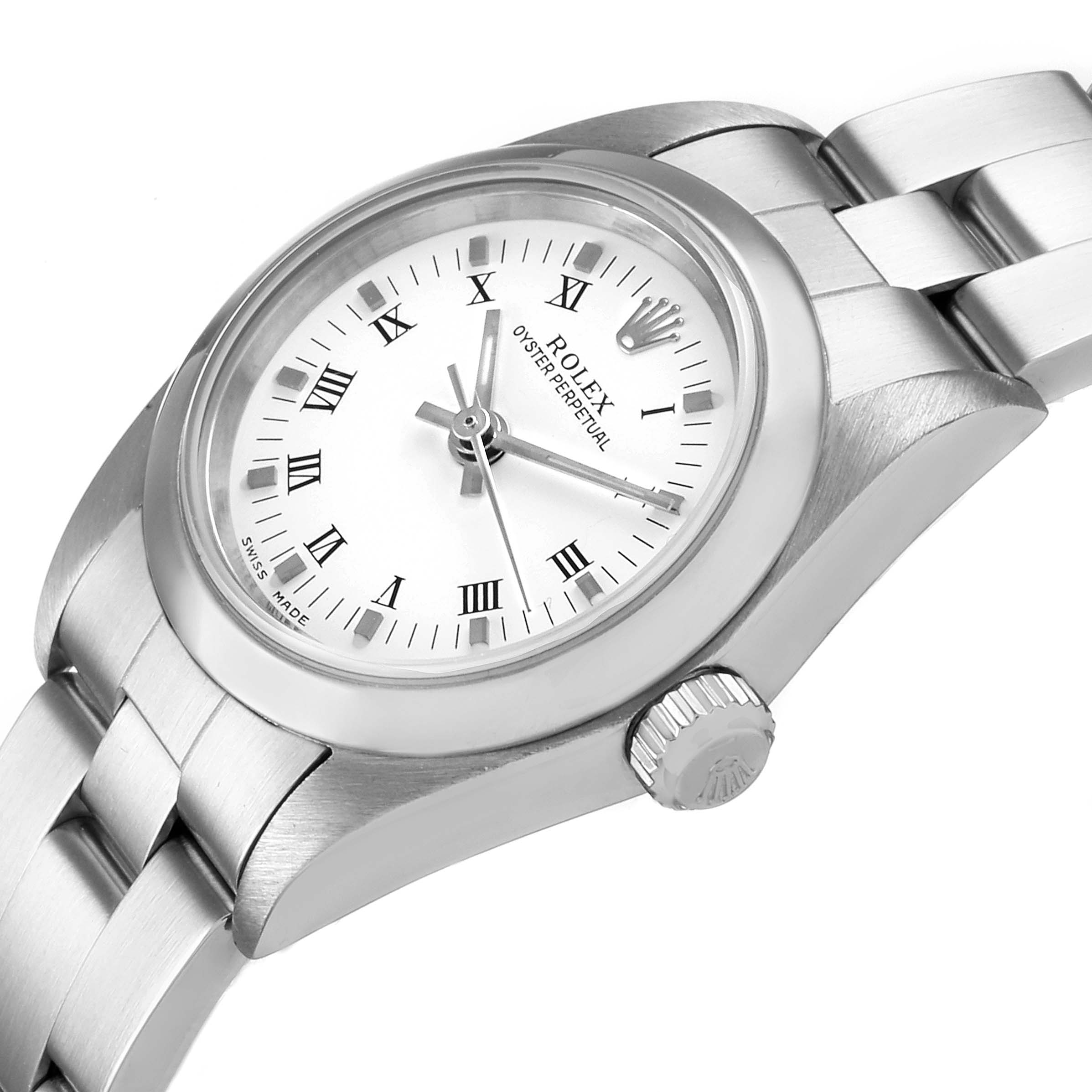 The image shows a Rolex Oyster Perpetual 76080 Women's Stainless Steel White Dial 76080 Women's Stainless Steel White Dial watch from an angled side view, highlighting the dial, bezel, crown, and part of the bracelet. 