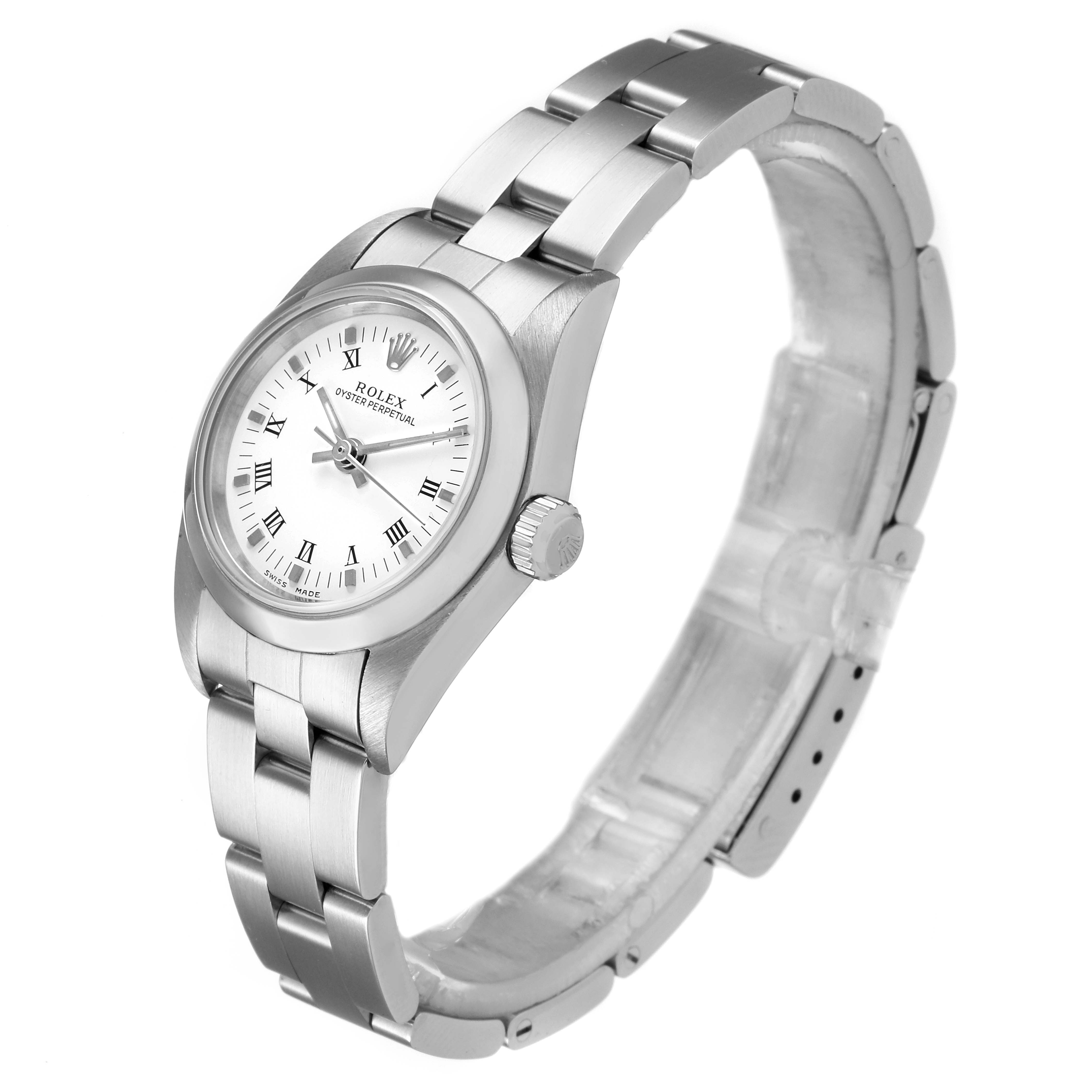 The Rolex Oyster Perpetual 76080 Women's Stainless Steel White Dial 76080 Women's Stainless Steel White Dial watch is shown at a three-quarter angle, displaying the dial, crown, and bracelet.