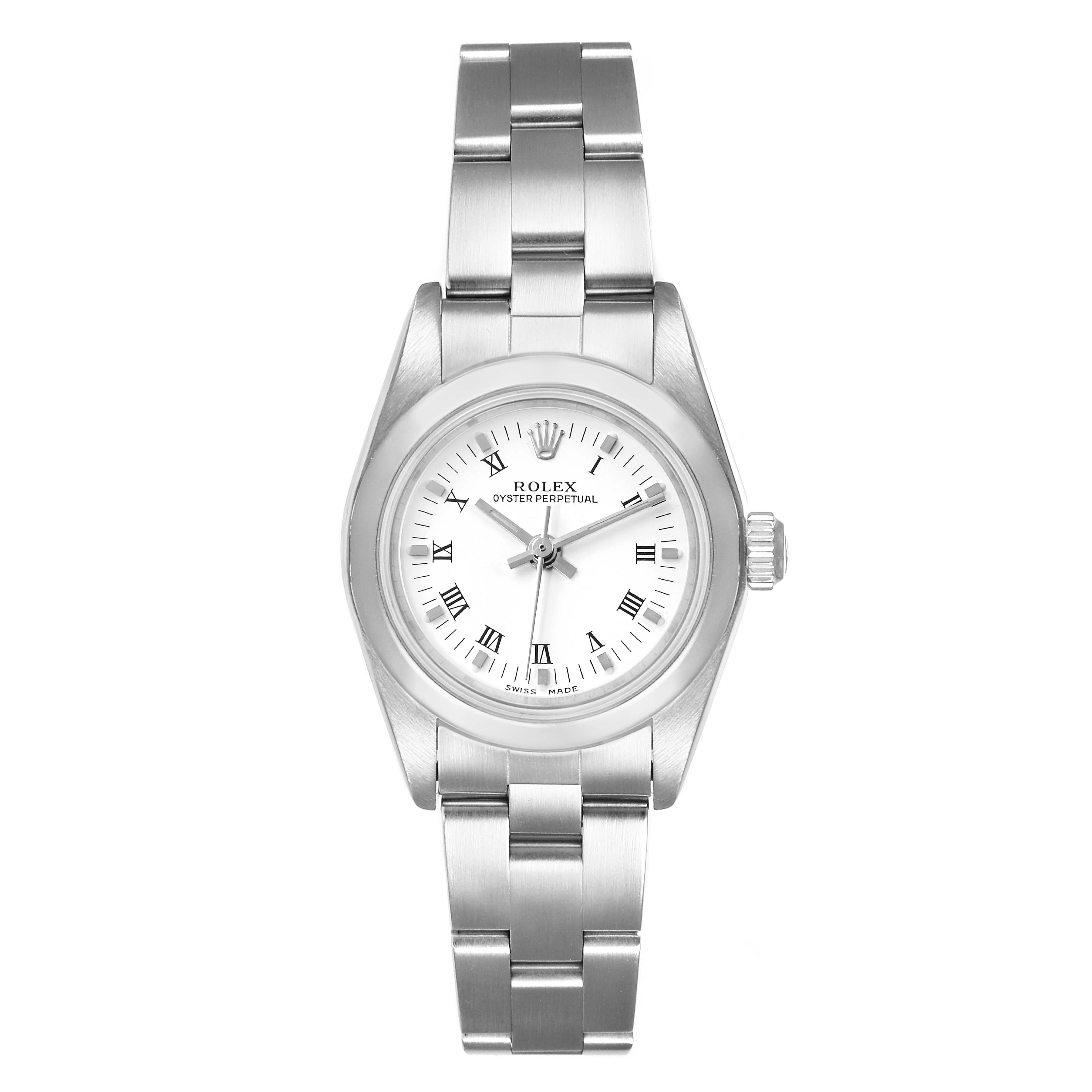 This image shows a front view of a Rolex Oyster Perpetual 76080 Women's Stainless Steel White Dial 76080 Women's Stainless Steel White Dial watch, displaying the face, bezel, and part of the bracelet.