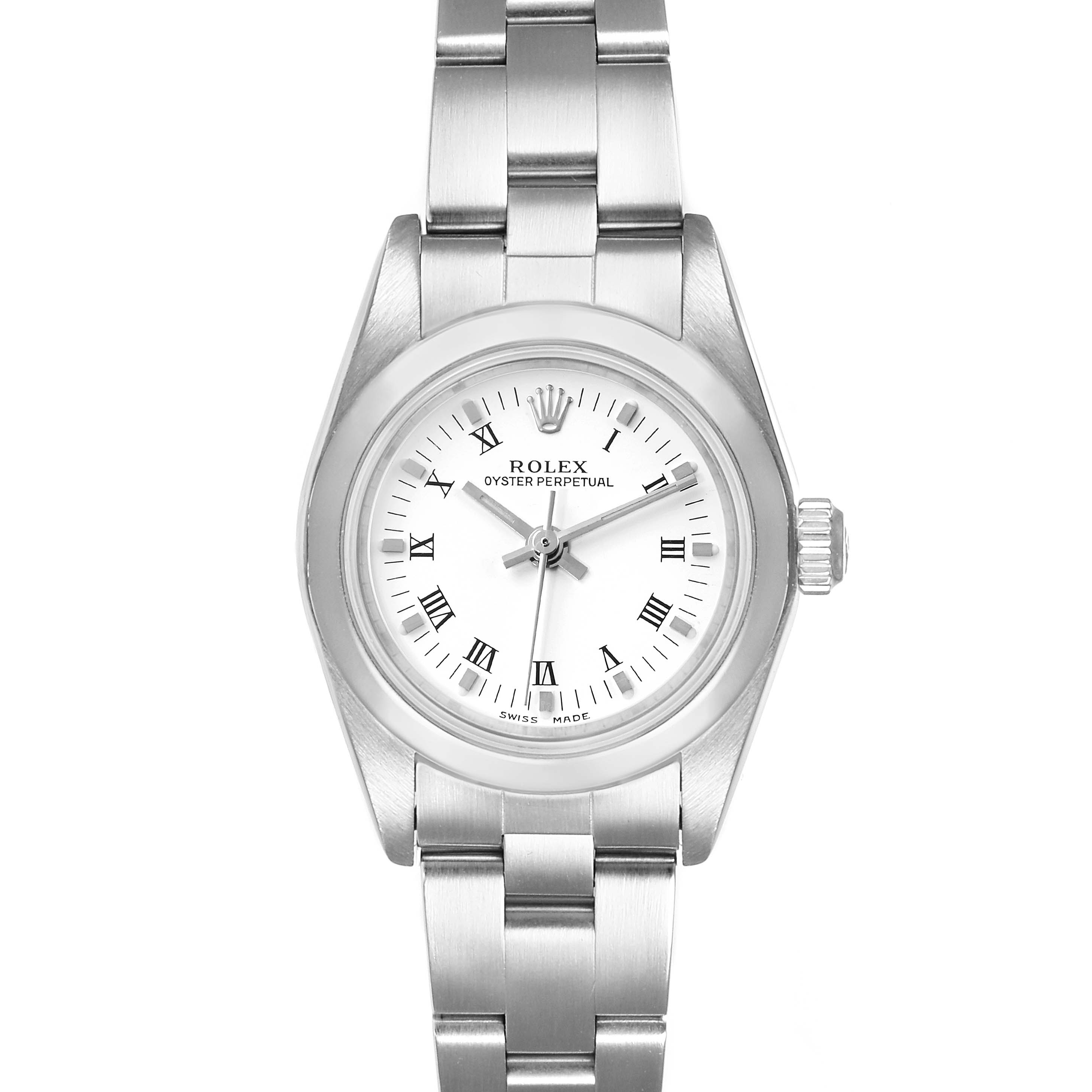 The image shows a front view of the Rolex Oyster Perpetual 76080 Women's Stainless Steel White Dial 76080 Women's Stainless Steel White Dial watch, displaying its face, bezel, dial, and bracelet.