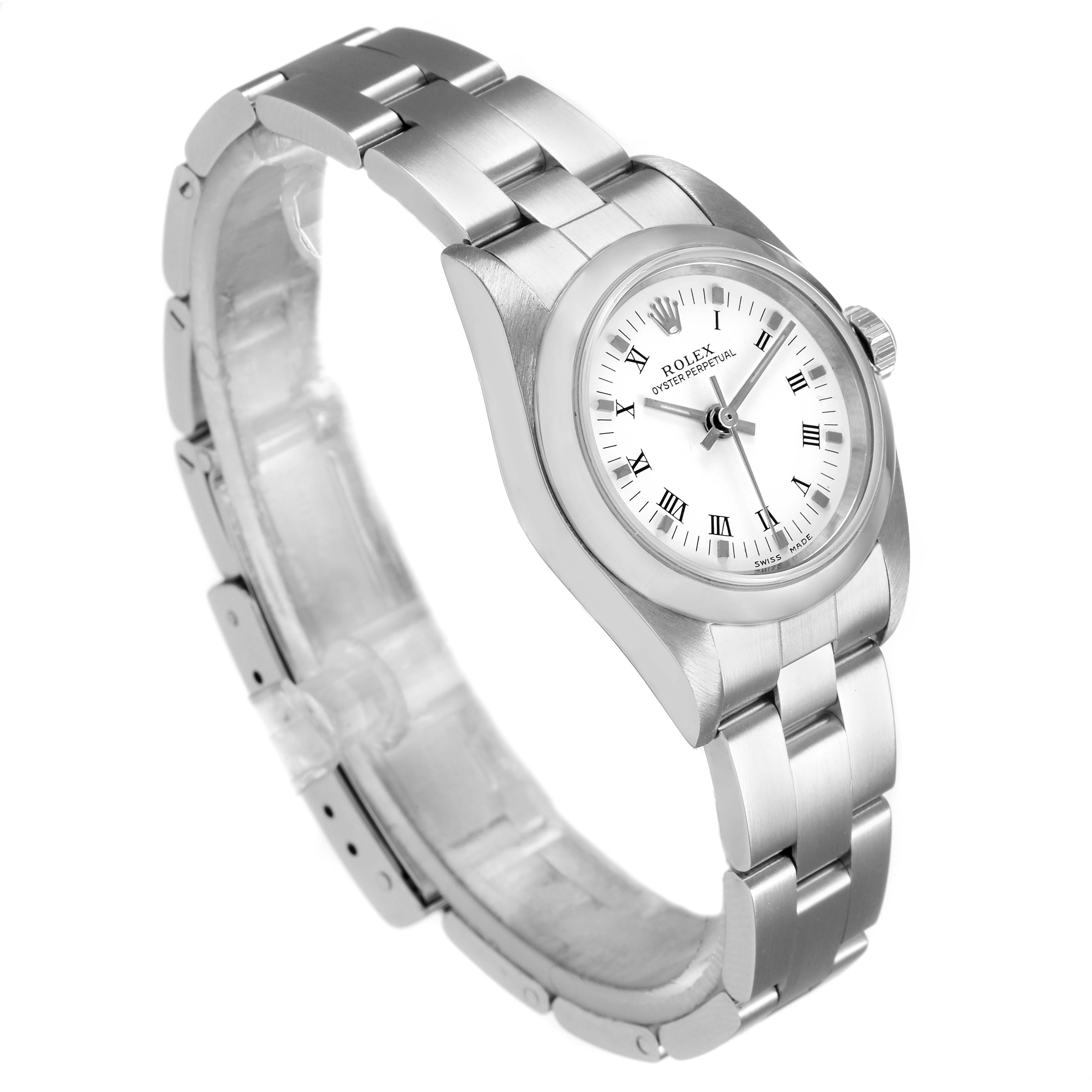 This Rolex Oyster Perpetual 76080 Women's Stainless Steel White Dial 76080 Women's Stainless Steel White Dial watch is shown at a slight angle, displaying the face, bezel, and metal bracelet clearly.