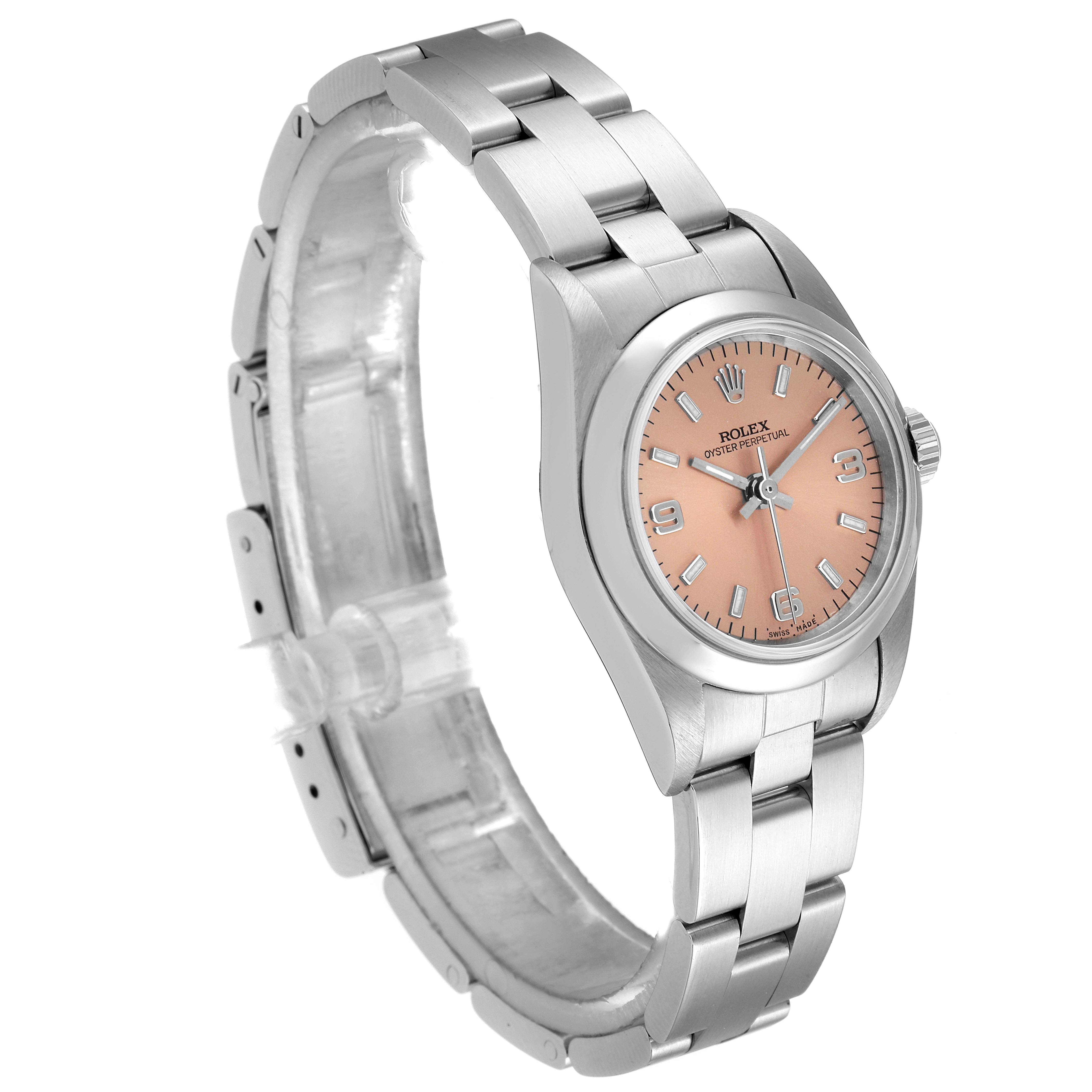 This image shows a side angle view of a Rolex Oyster Perpetual 76080 Women's Stainless Steel Pink Dial 76080 Women's Stainless Steel Pink Dial watch, highlighting its dial, case, and bracelet.