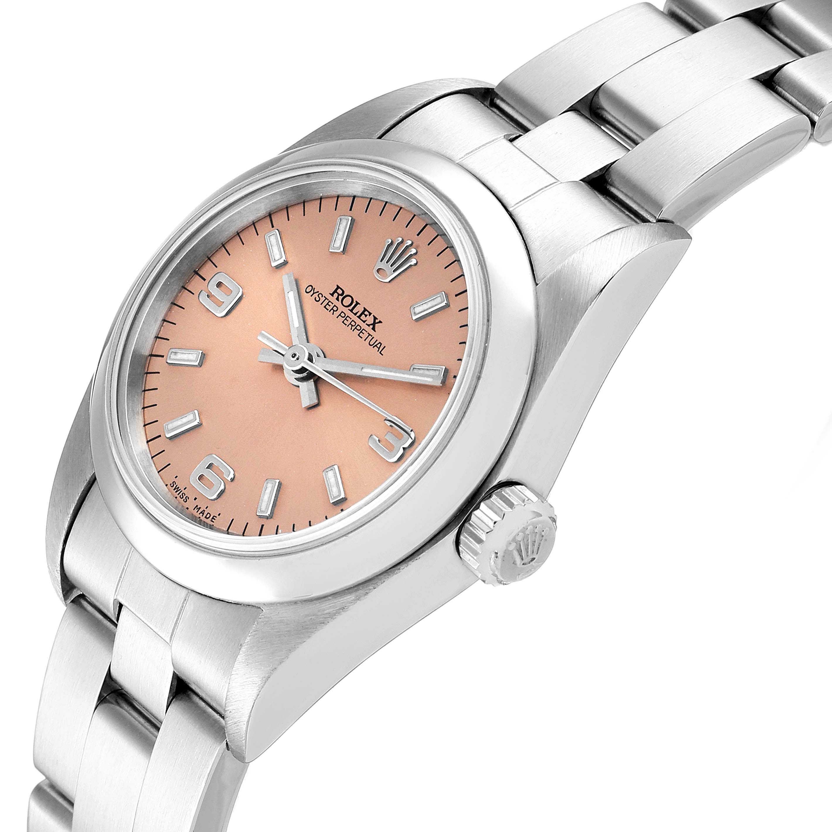 The Rolex Oyster Perpetual 76080 Women's Stainless Steel Pink Dial 76080 Women's Stainless Steel Pink Dial watch is shown at a slight angle, displaying the dial, crown, and part of the bracelet.