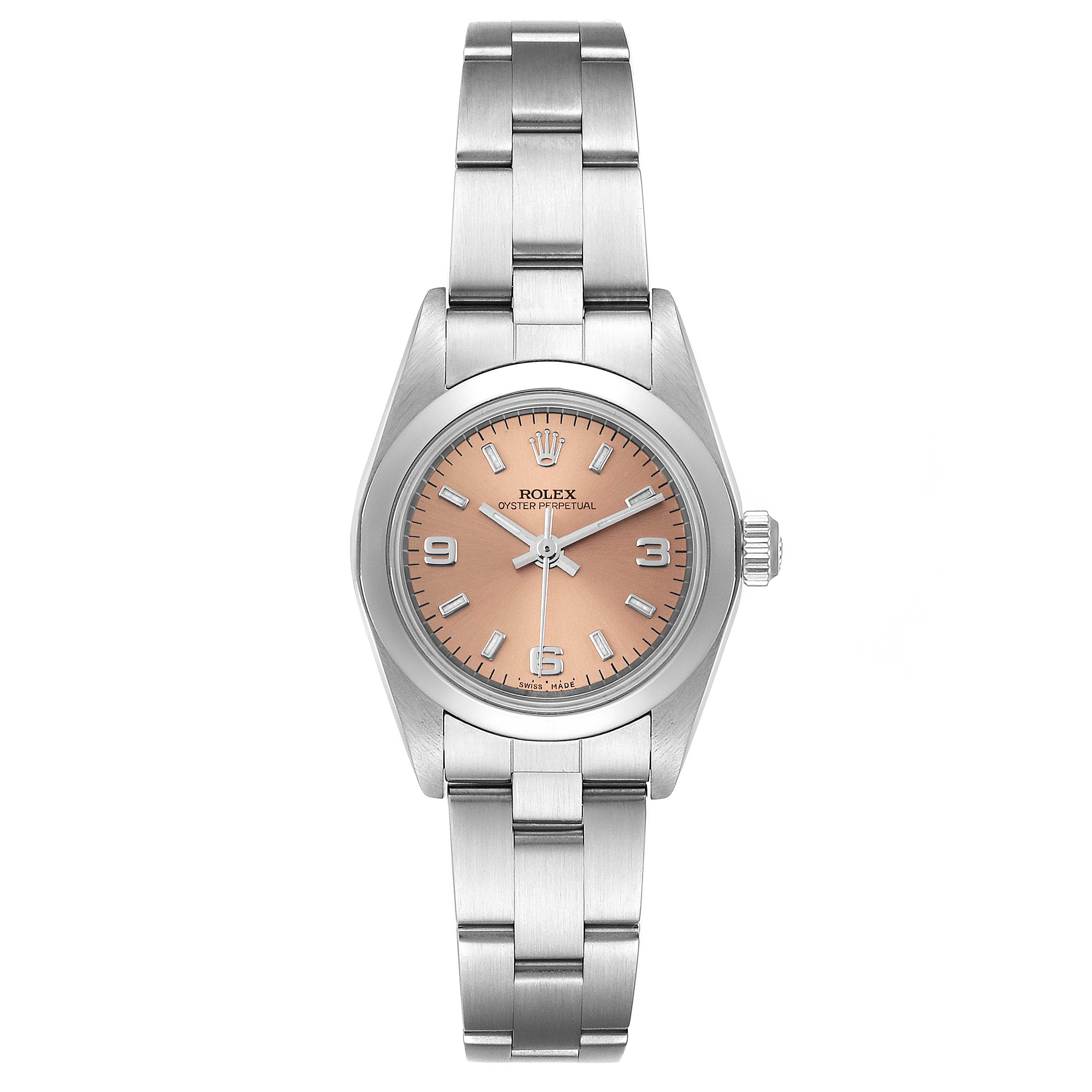 The image shows a front view of a Rolex Oyster Perpetual 76080 Women's Stainless Steel Pink Dial 76080 Women's Stainless Steel Pink Dial watch, highlighting the dial, bezel, case, and bracelet.
