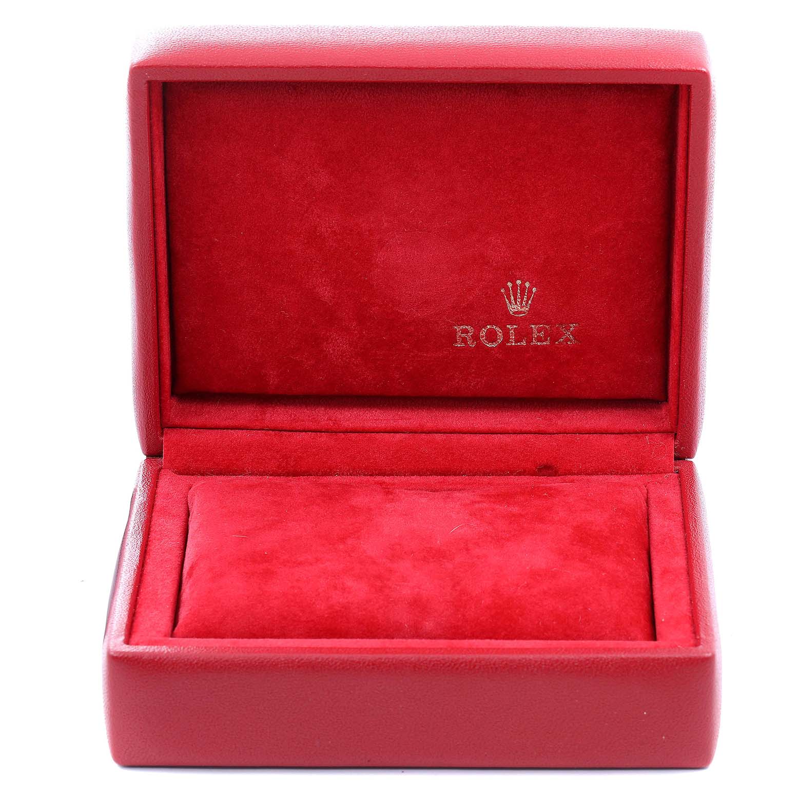 This is a red Rolex watch box for the Oyster Perpetual model shown open at the front angle.