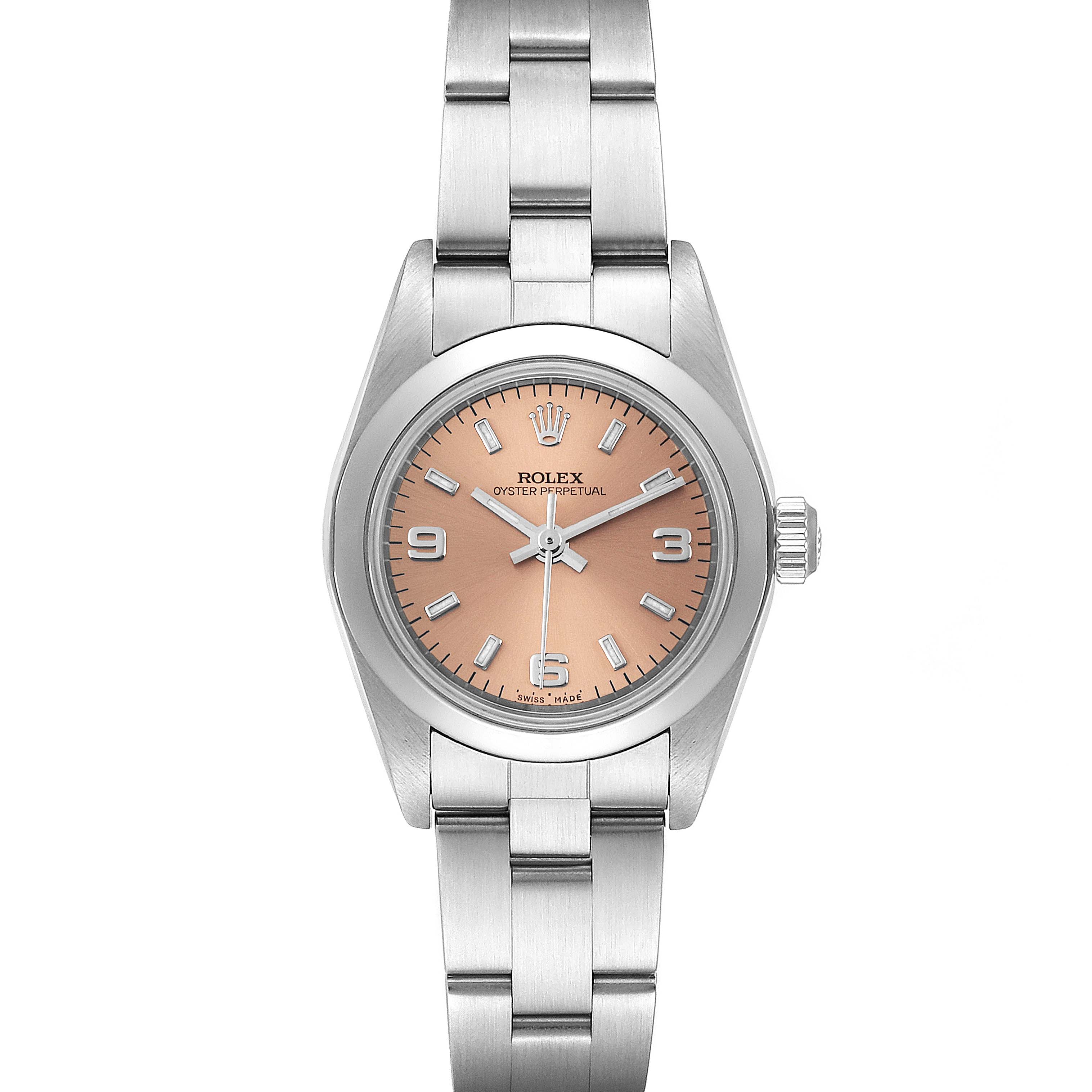 This image shows a front view of a Rolex Oyster Perpetual 76080 Women's Stainless Steel Pink Dial 76080 Women's Stainless Steel Pink Dial watch, featuring its dial, bracelet, and crown.