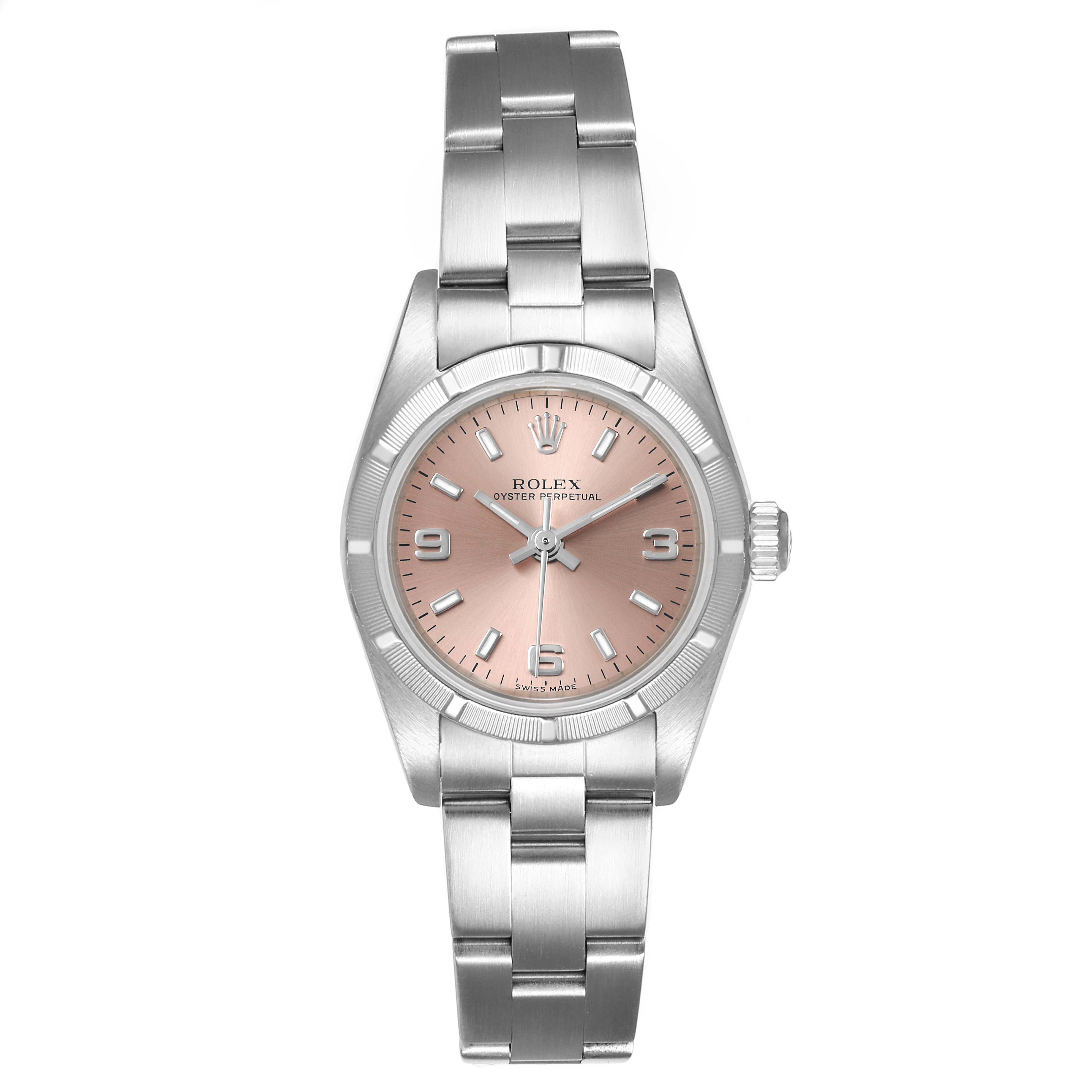 This image shows a Rolex Oyster Perpetual 76030 Women's Stainless Steel Pink Dial 76030 Women's Stainless Steel Pink Dial watch with a stainless steel bracelet and a pink dial, viewed from the front.