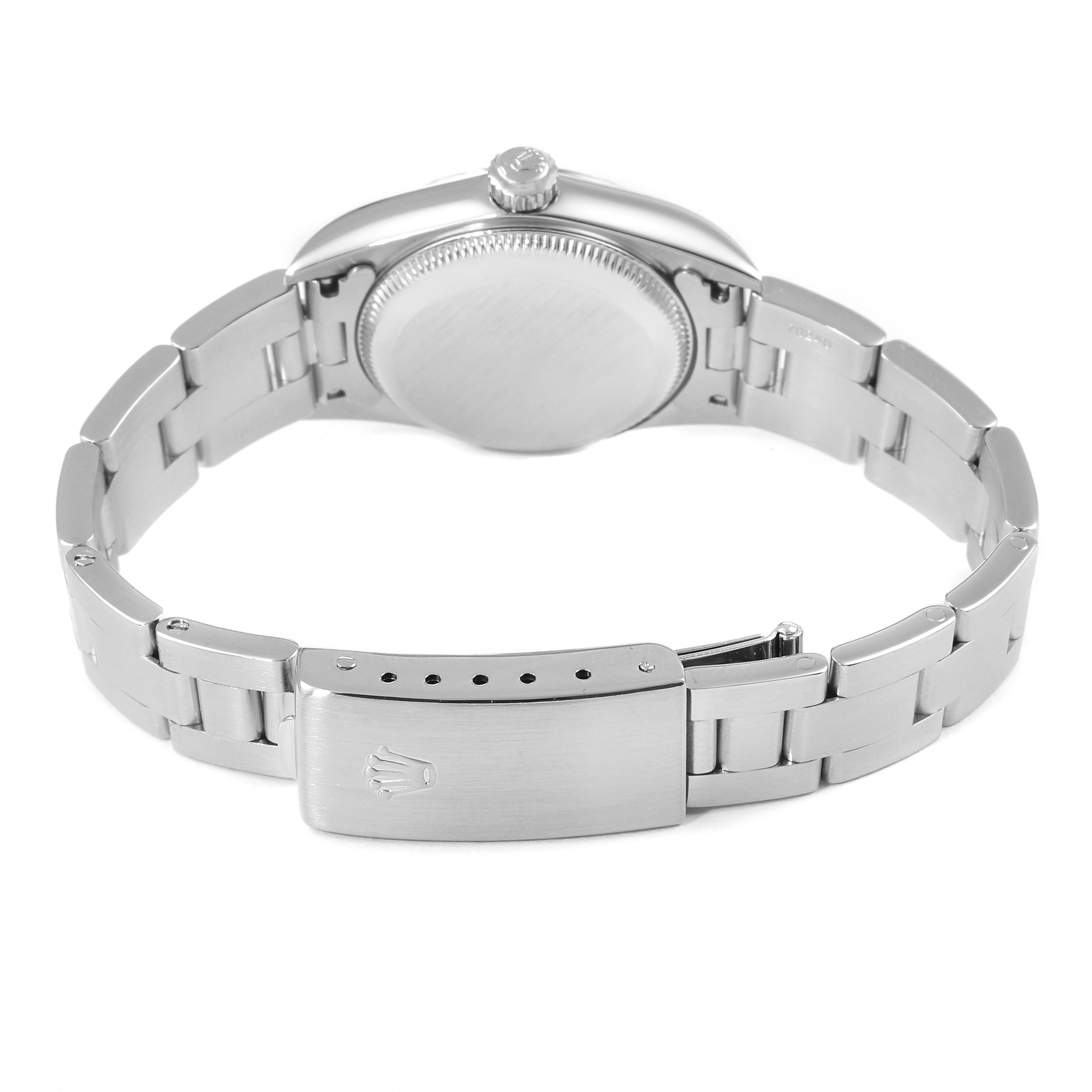 The image shows the back and bracelet of a Rolex Oyster Perpetual 76030 Women's Stainless Steel Pink Dial 76030 Women's Stainless Steel Pink Dial watch, focusing on the clasp and caseback.