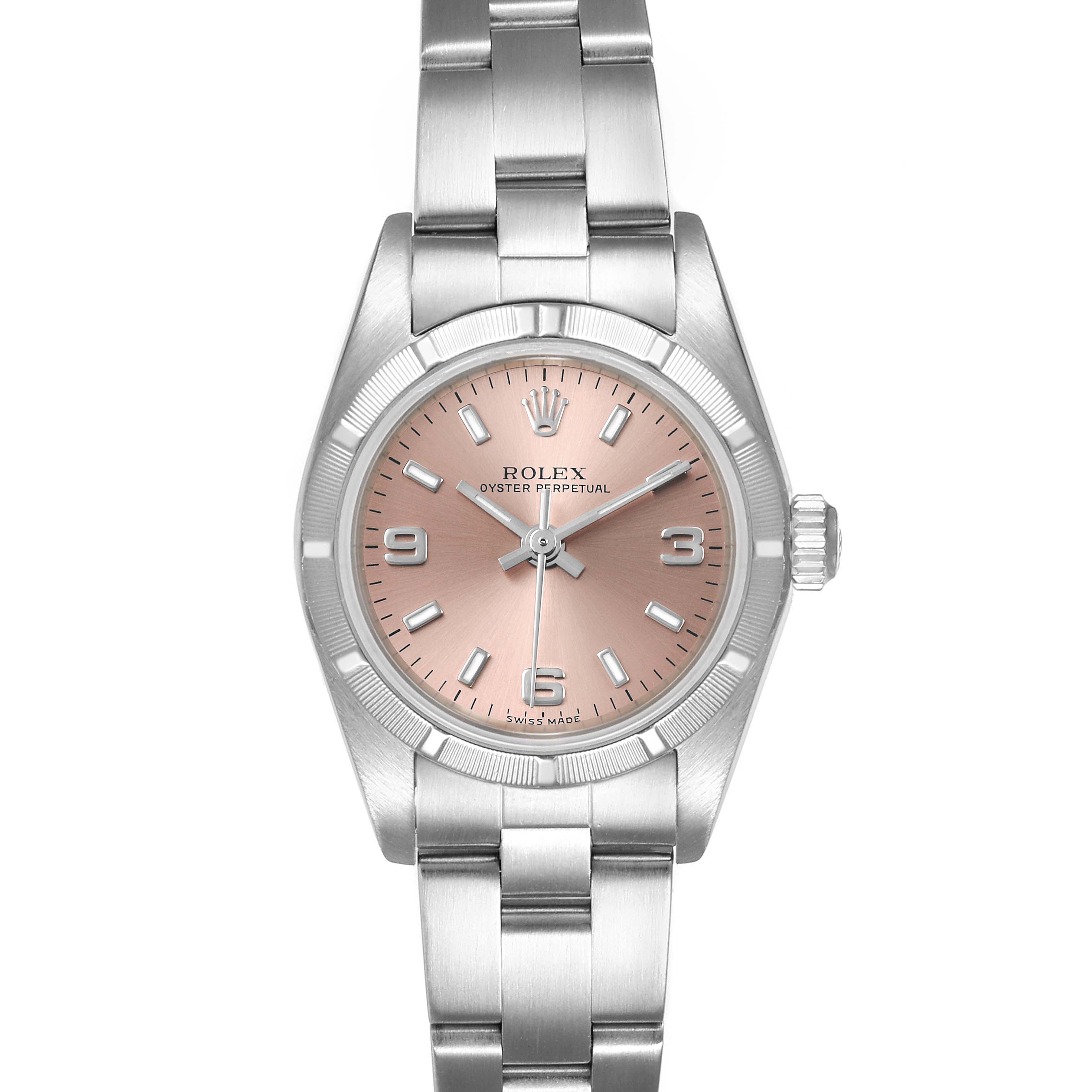 The Rolex Oyster Perpetual 76030 Women's Stainless Steel Pink Dial 76030 Women's Stainless Steel Pink Dial model is shown from a top-down angle, displaying the entire watch face, bezel, and part of the metal bracelet.