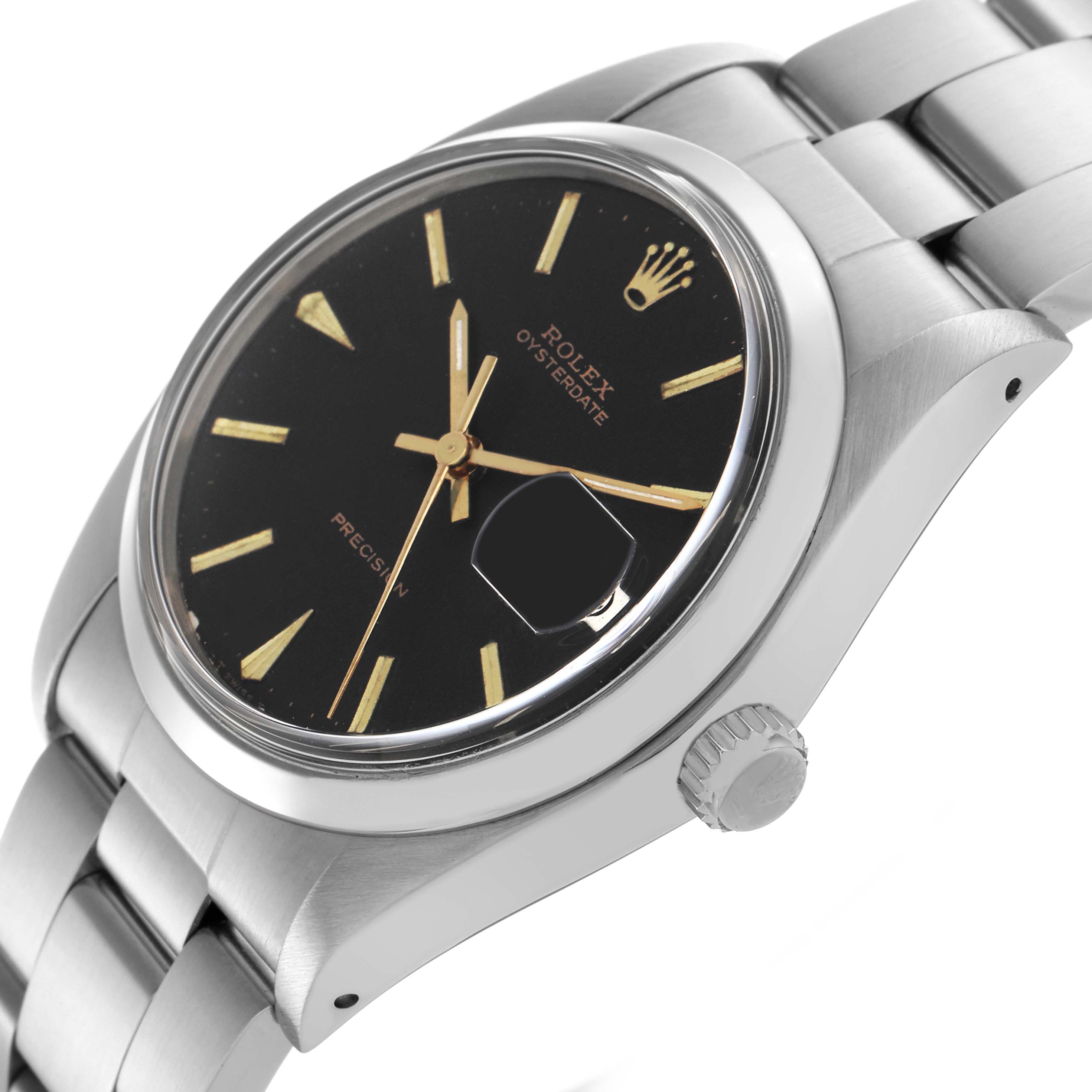 The Rolex Date watch is shown at an angled side view, highlighting the crown, bracelet, and black dial with gold markers.