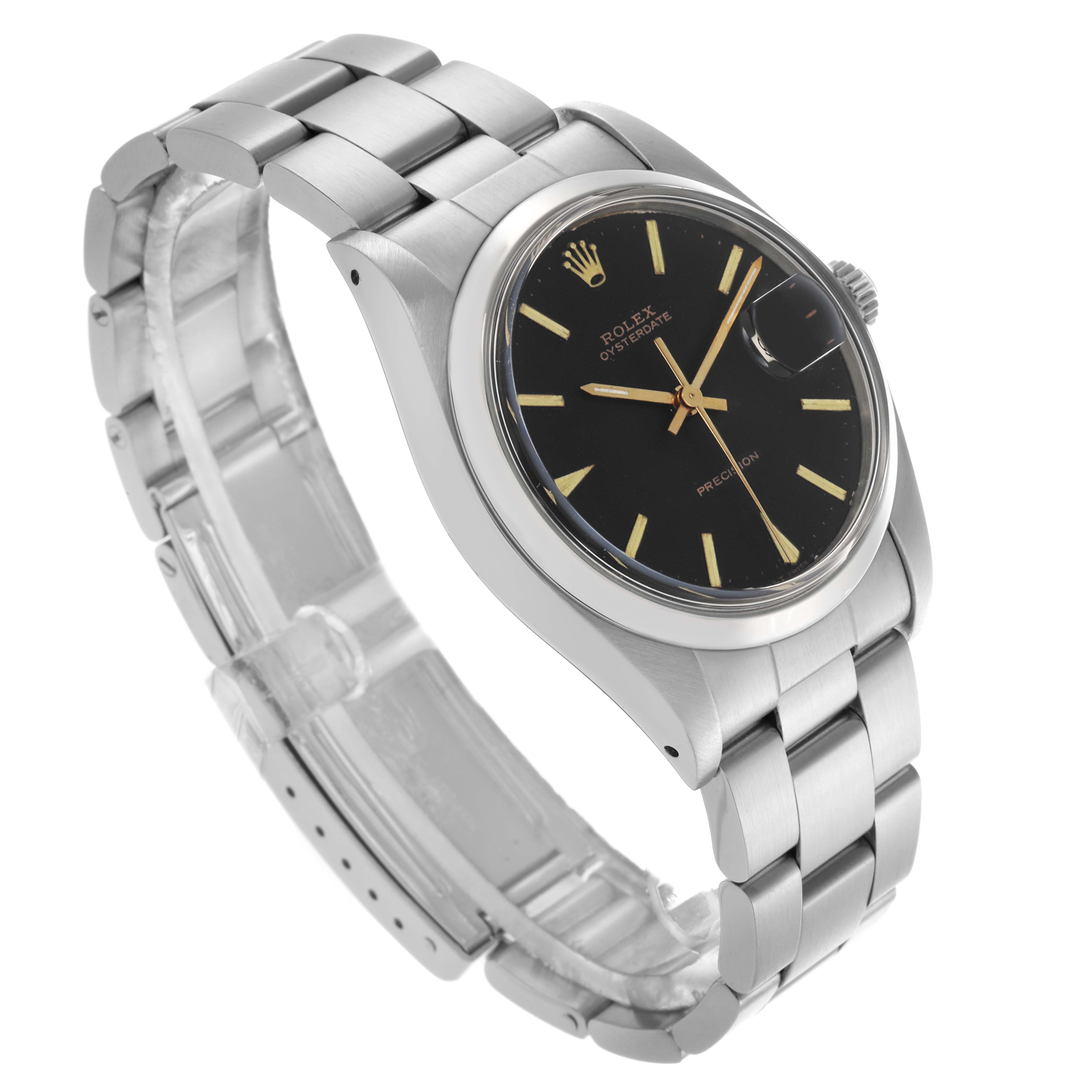 The Rolex Date model is shown at a three-quarter angle, highlighting the dial, bracelet, and crown.