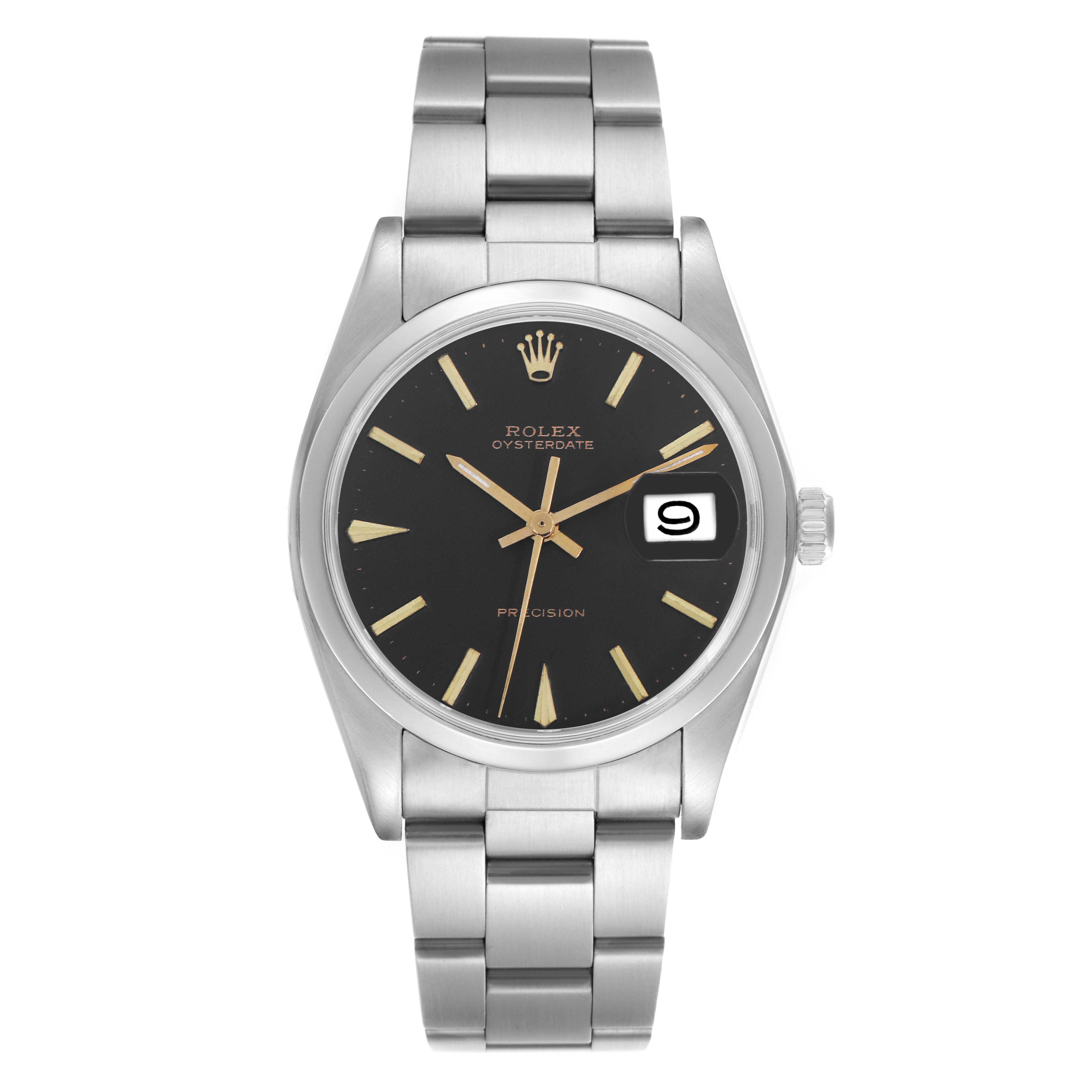The Rolex Date model watch is shown from a front angle, displaying the face, bezel, bracelet, and date feature.