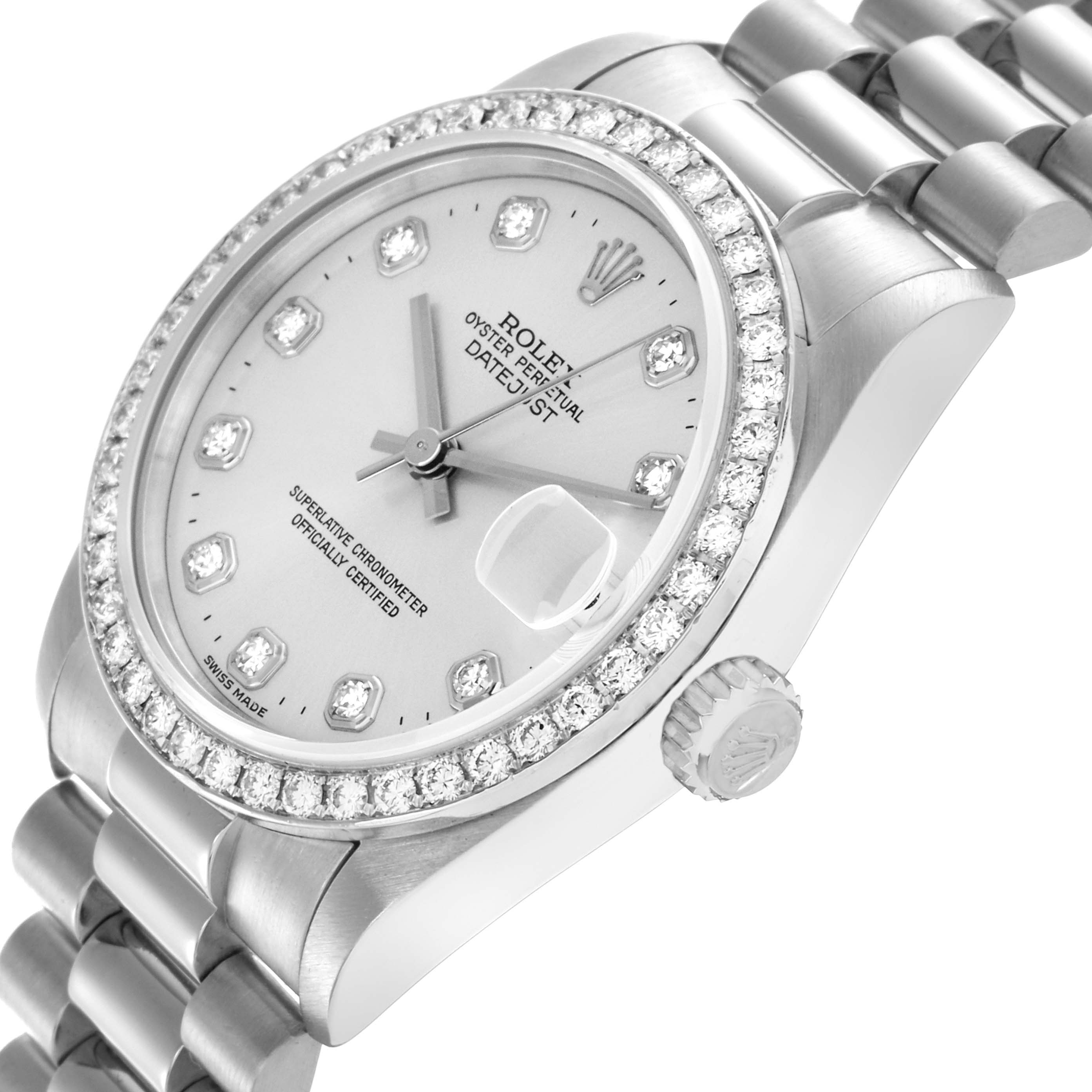 The Rolex Mid-Size watch is shown at a three-quarter angle highlighting the face, bezel, crown, and part of the bracelet.
