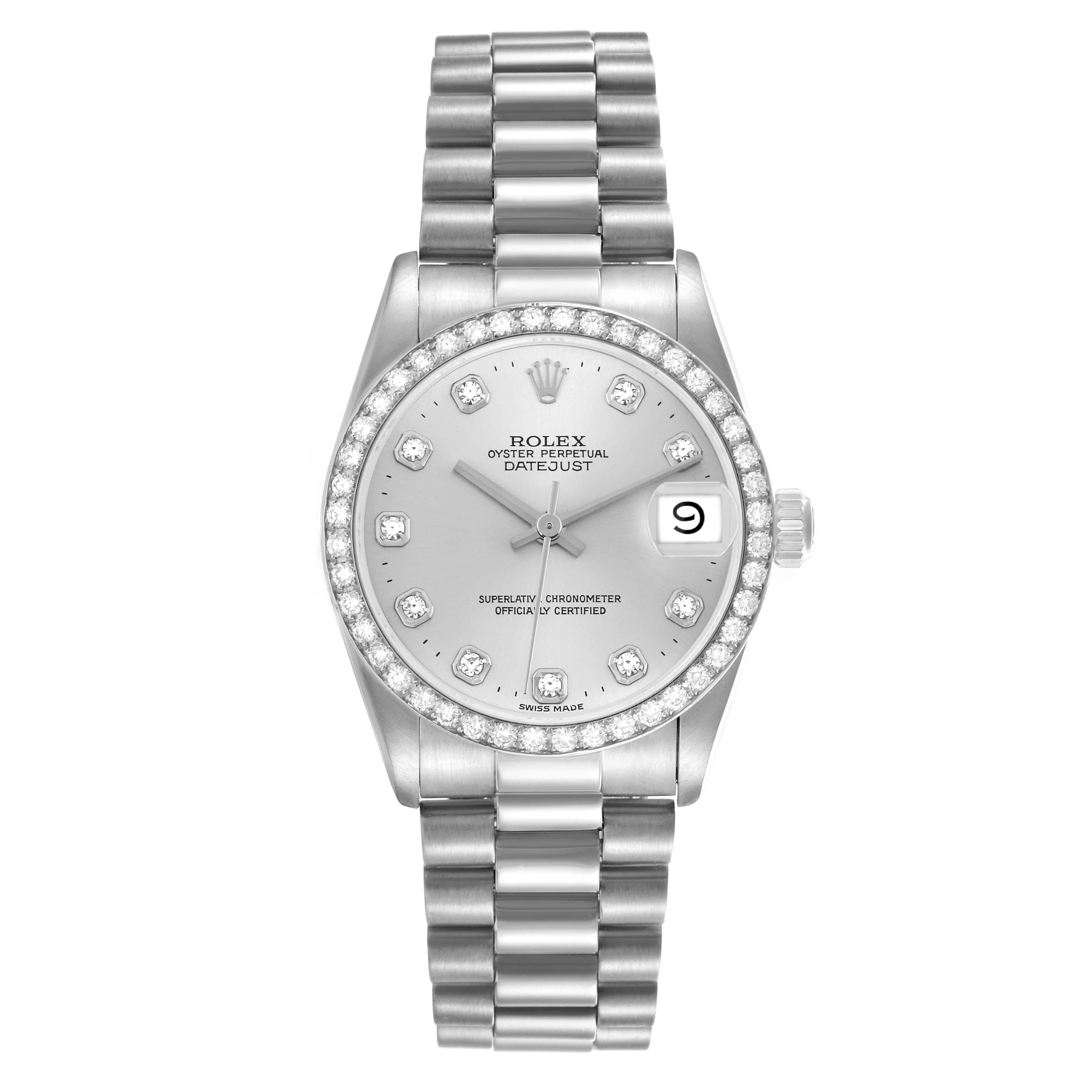 The Rolex Datejust Mid-Size watch is shown from the front, detailing its dial, bezel, and bracelet.
