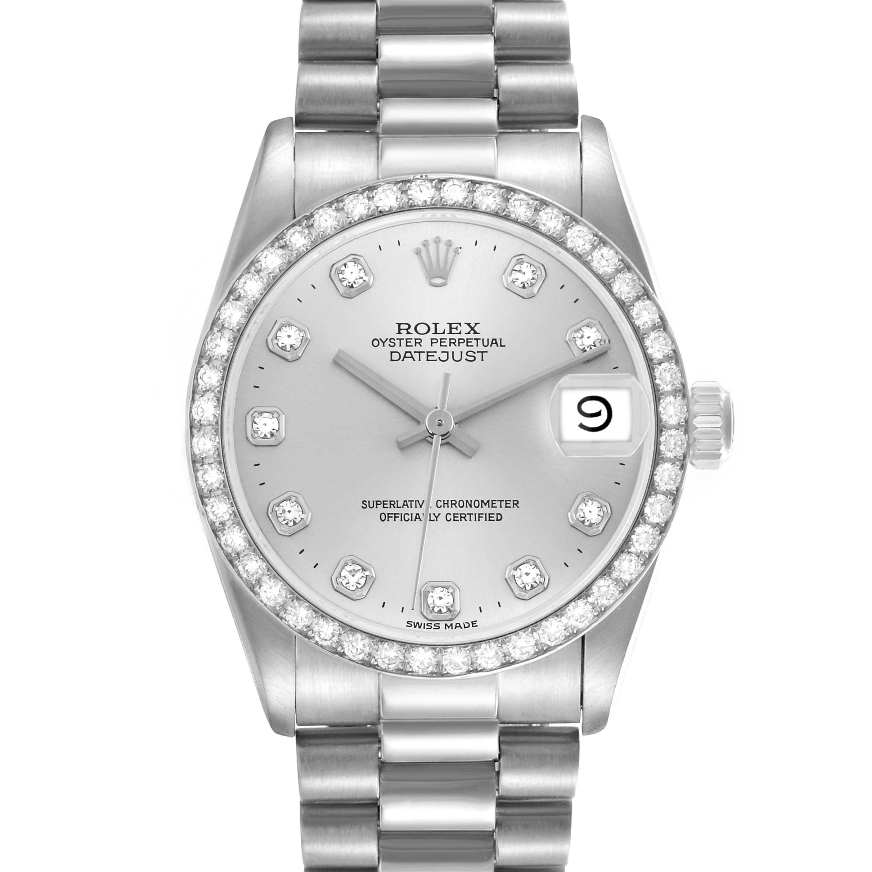 The Rolex Datejust Mid-Size watch is shown from a frontal angle, displaying its dial, bezel, and bracelet.