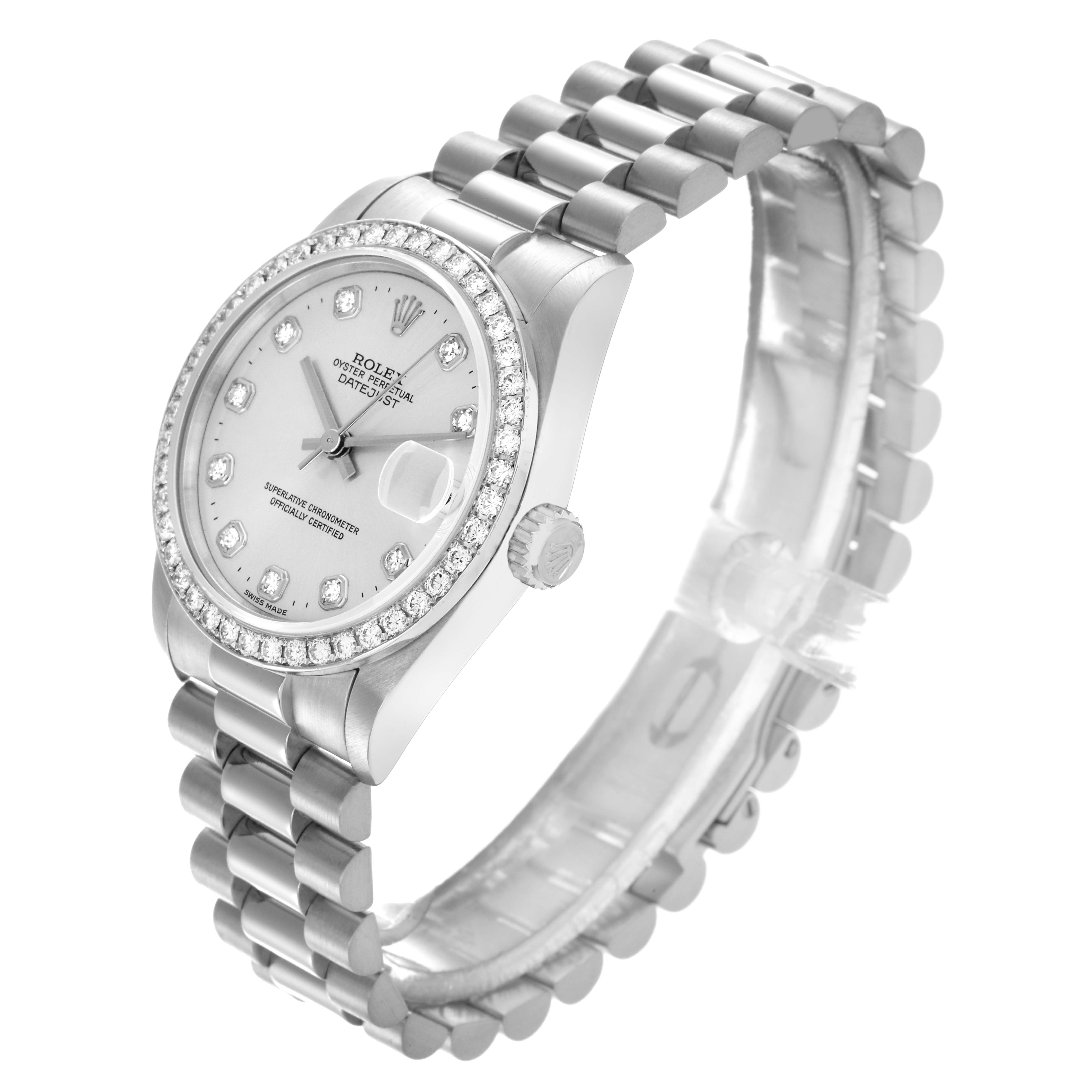 The Rolex Mid-Size watch is shown at a slight angle, featuring the band, bezel, dial, and side profile.