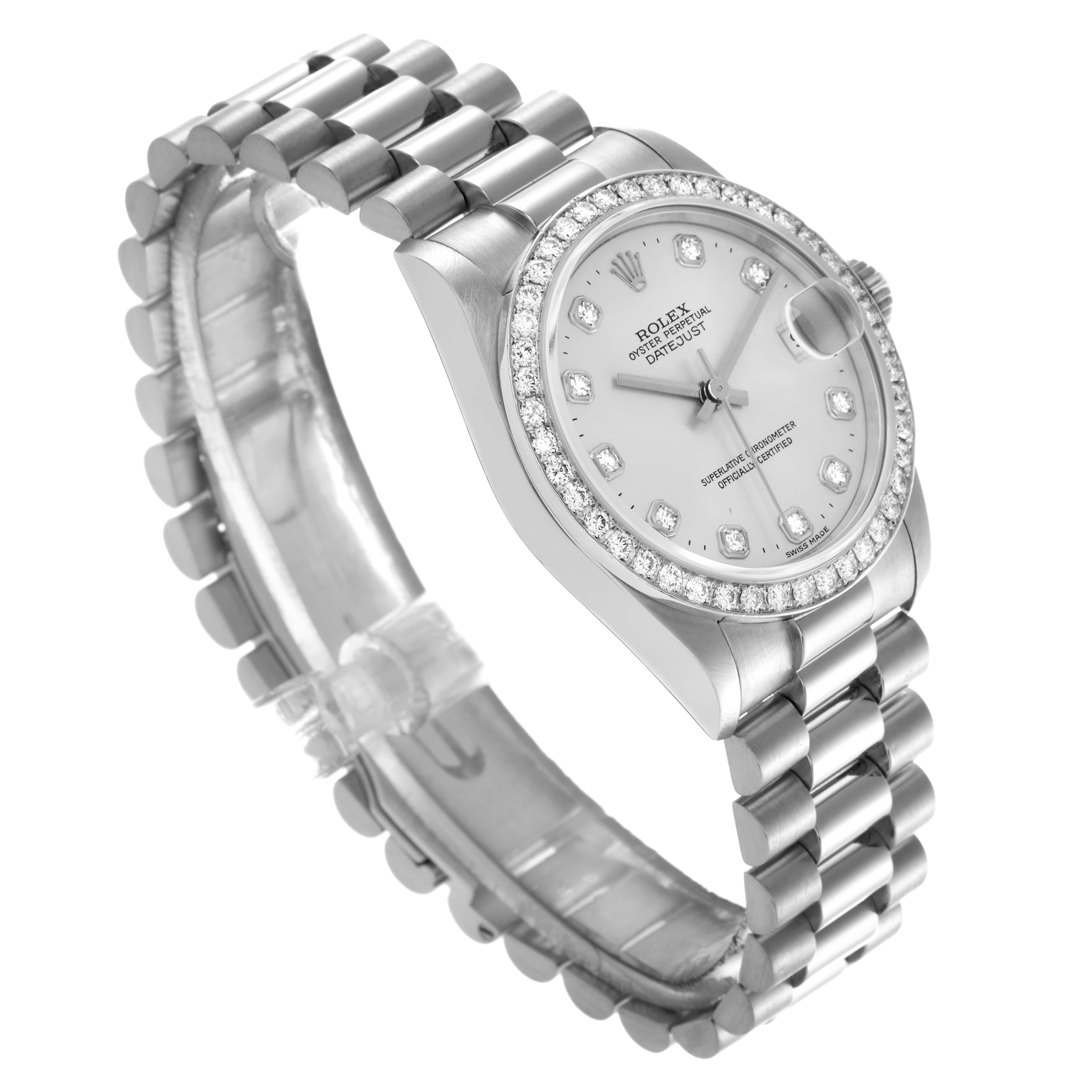 The Rolex Mid-Size model is shown at a three-quarter angle, displaying the face, bezel, and bracelet.