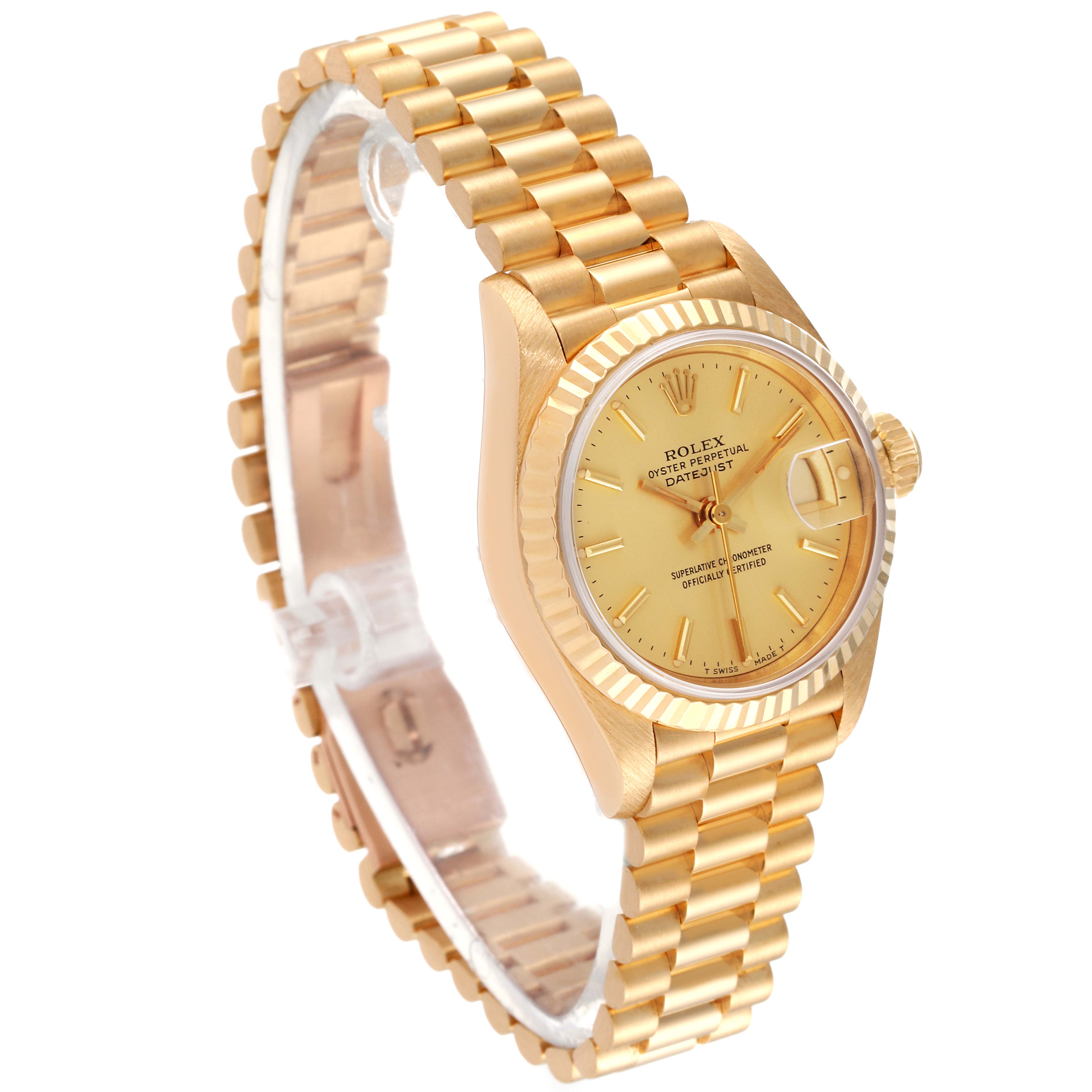 This image shows a Rolex President 69178 Women
s Yellow Gold Champagne Dial 69178 Women
s Yellow Gold Champagne Dial model watch at a side angle, displaying the face, crown, and strap.
