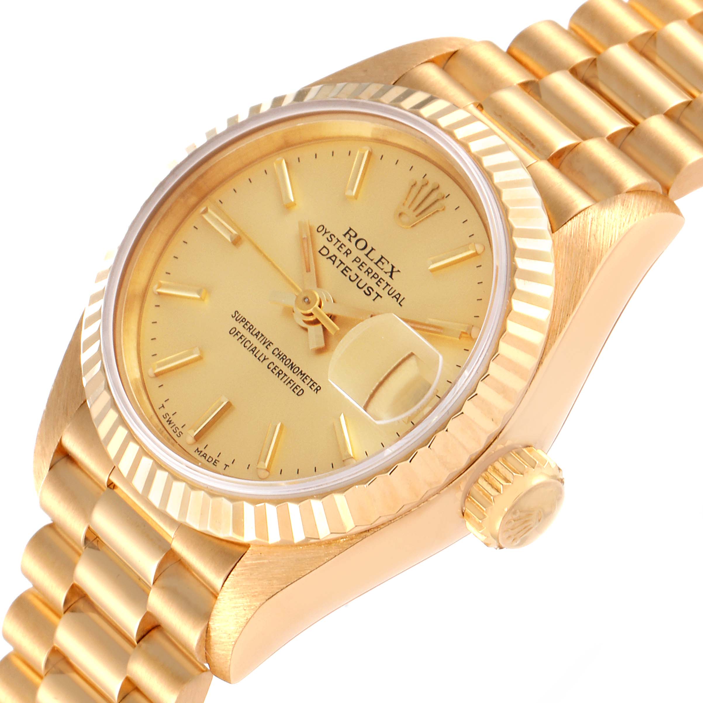 The image shows a close-up side view of a Rolex President 69178 Women
s Yellow Gold Champagne Dial 69178 Women
s Yellow Gold Champagne Dial model watch, highlighting the face, bezel, crown, and part of the band.