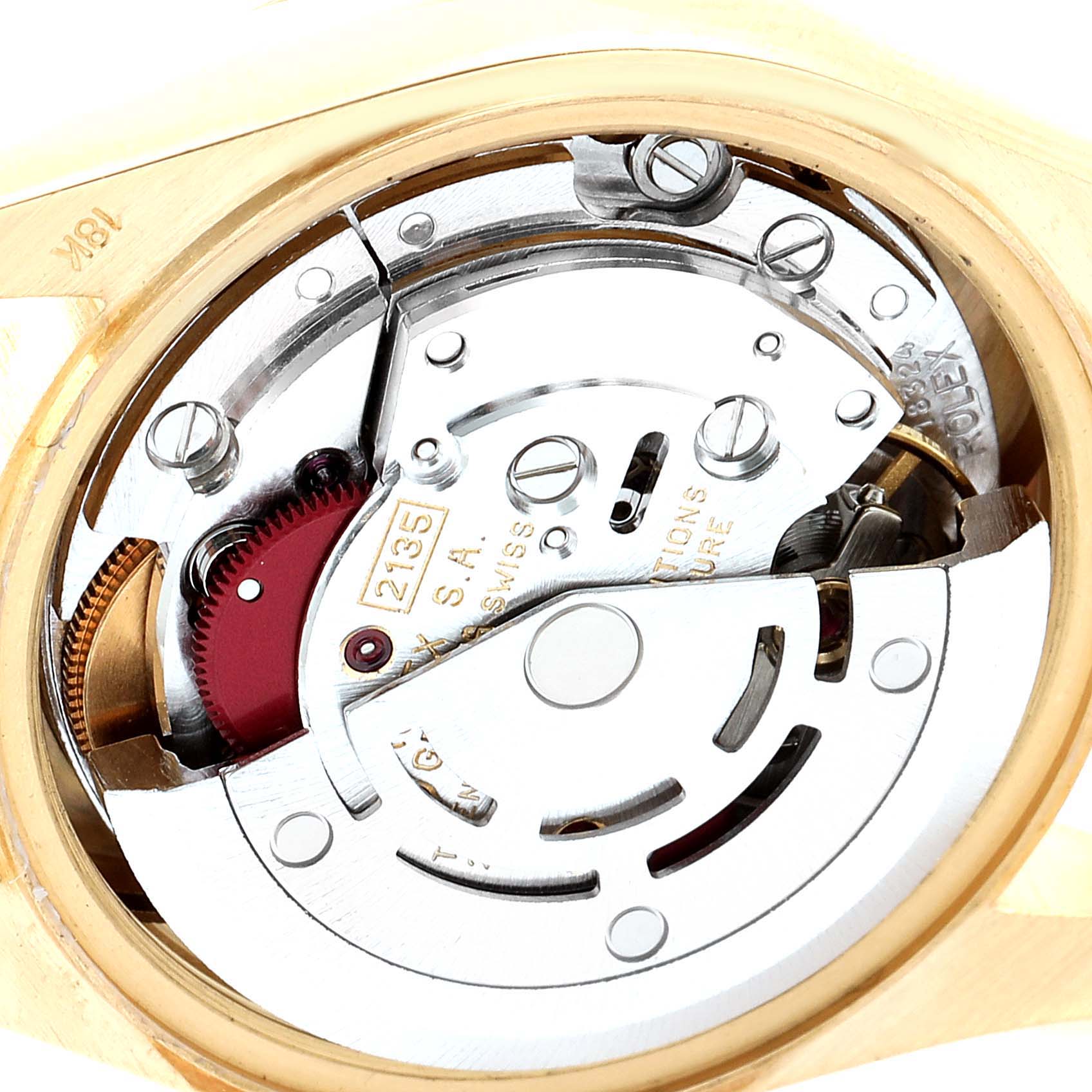 This close-up image shows the internal mechanisms of a Rolex President 69178 Women
s Yellow Gold Champagne Dial 69178 Women
s Yellow Gold Champagne Dial model watch.