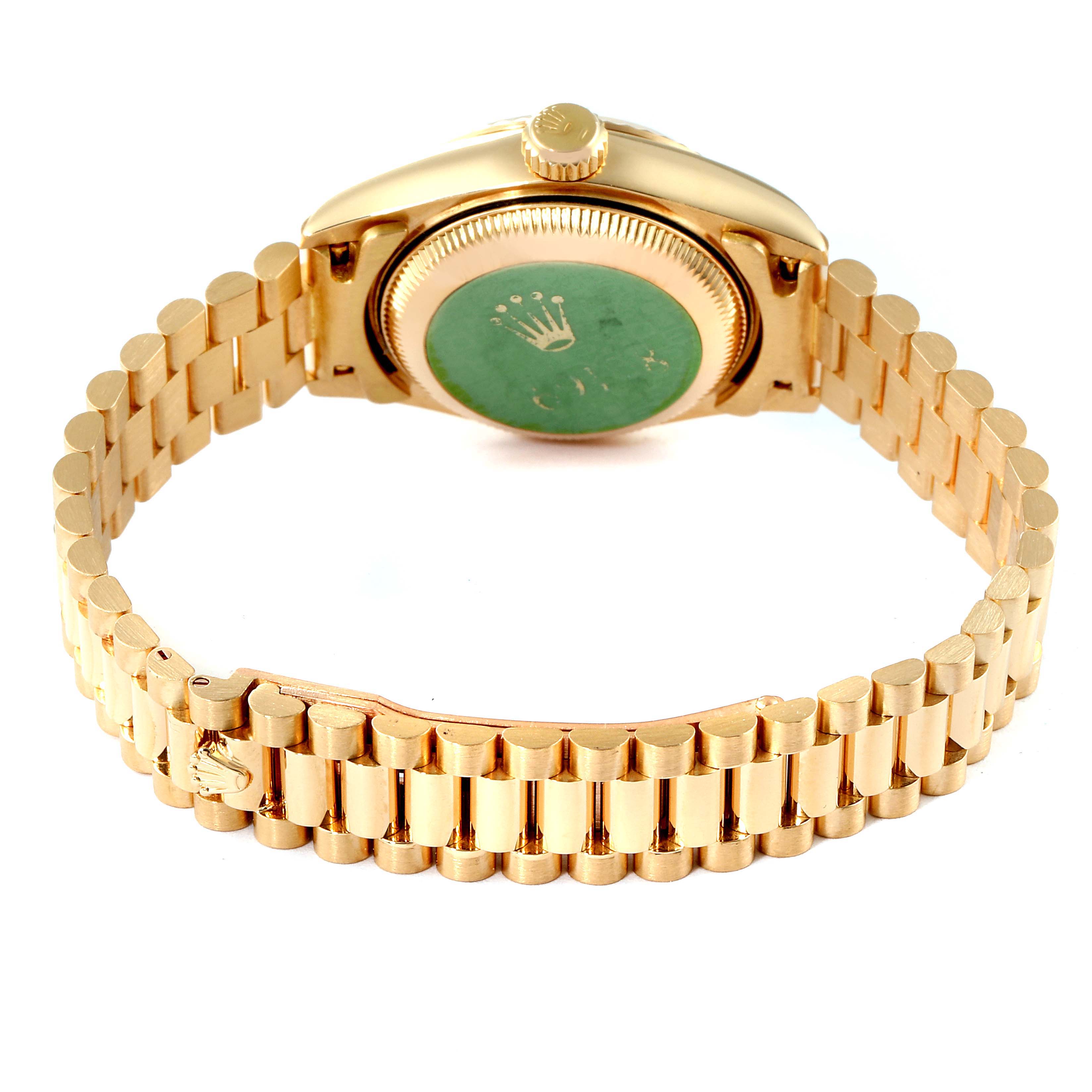 This image shows the back case and bracelet of a Rolex President 69178 Women
s Yellow Gold Champagne Dial 69178 Women
s Yellow Gold Champagne Dial model watch.