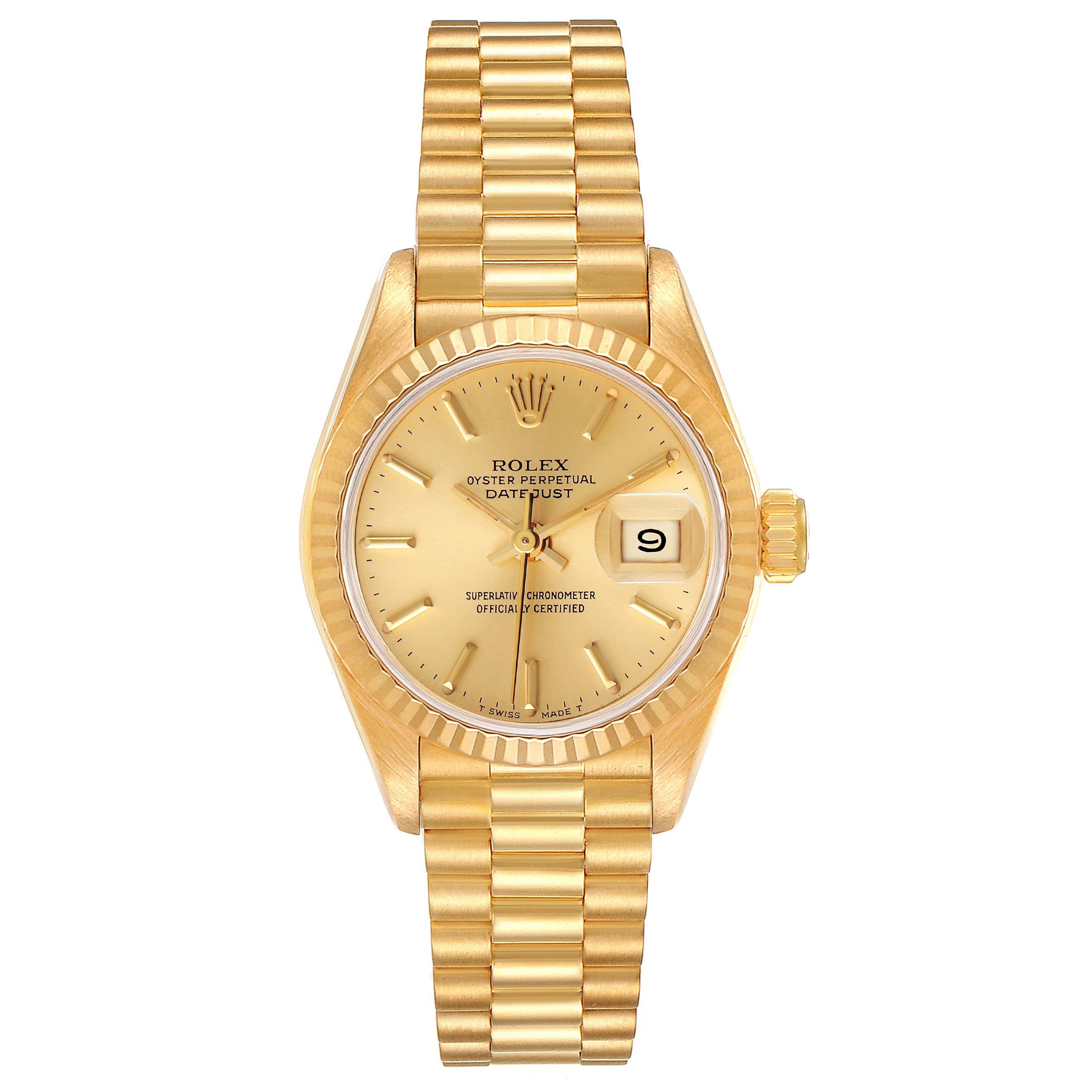 The Rolex President 69178 Women
s Yellow Gold Champagne Dial 69178 Women
s Yellow Gold Champagne Dial watch model is shown from a front view, displaying its gold band, dial, and date window.