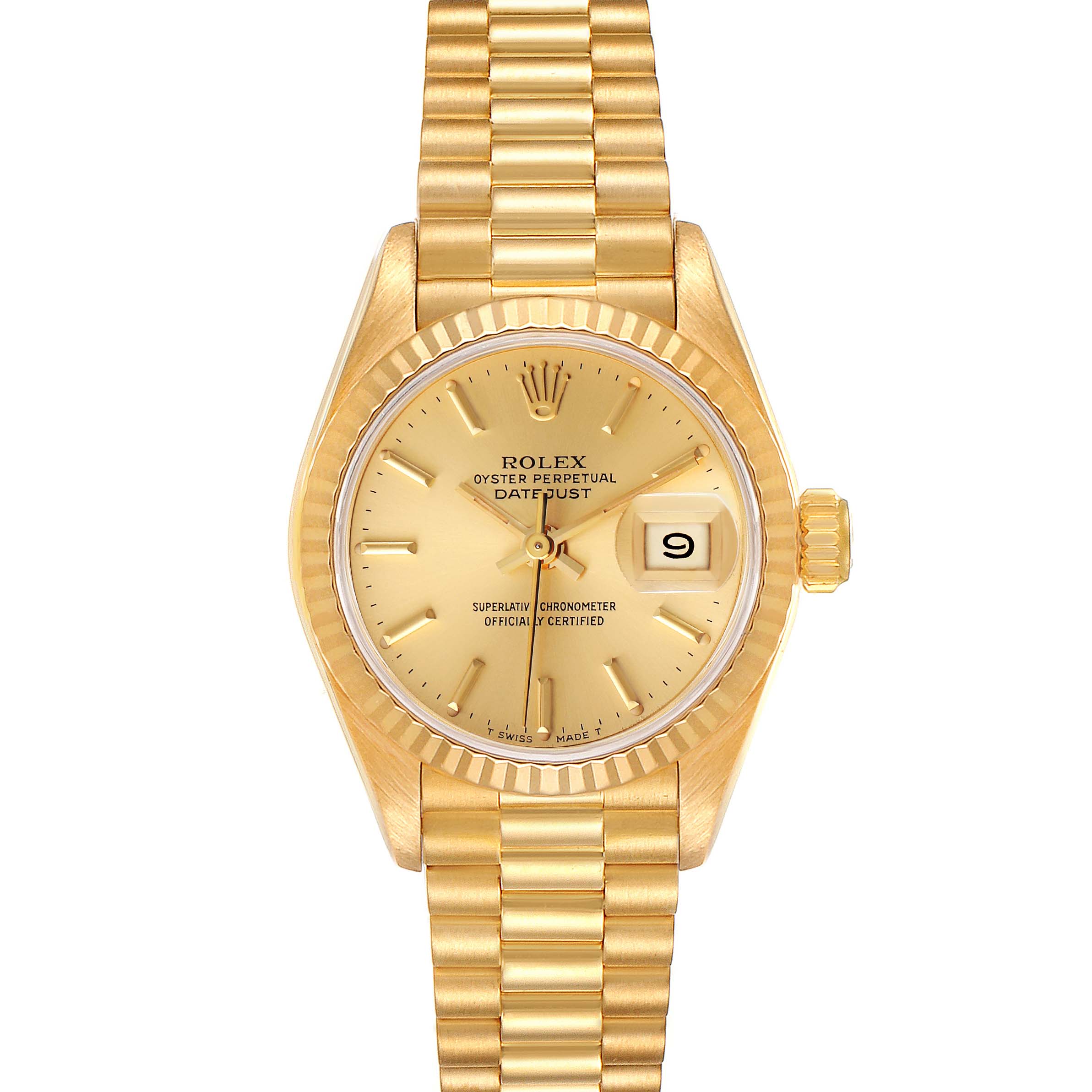 This image shows a front view of a Rolex President 69178 Women
s Yellow Gold Champagne Dial 69178 Women
s Yellow Gold Champagne Dial model watch, highlighting its gold dial, fluted bezel, and bracelet.