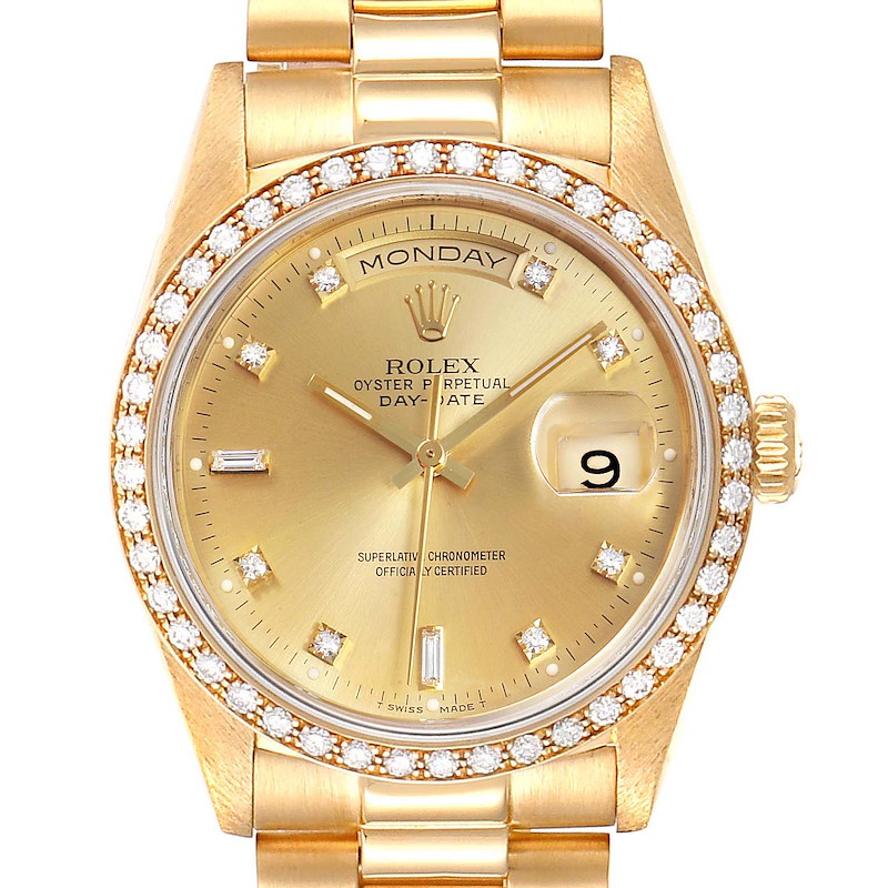 Rolex President Day-Date Yellow Gold Diamond Dial Bezel Watch 18038 SwissWatchExpo