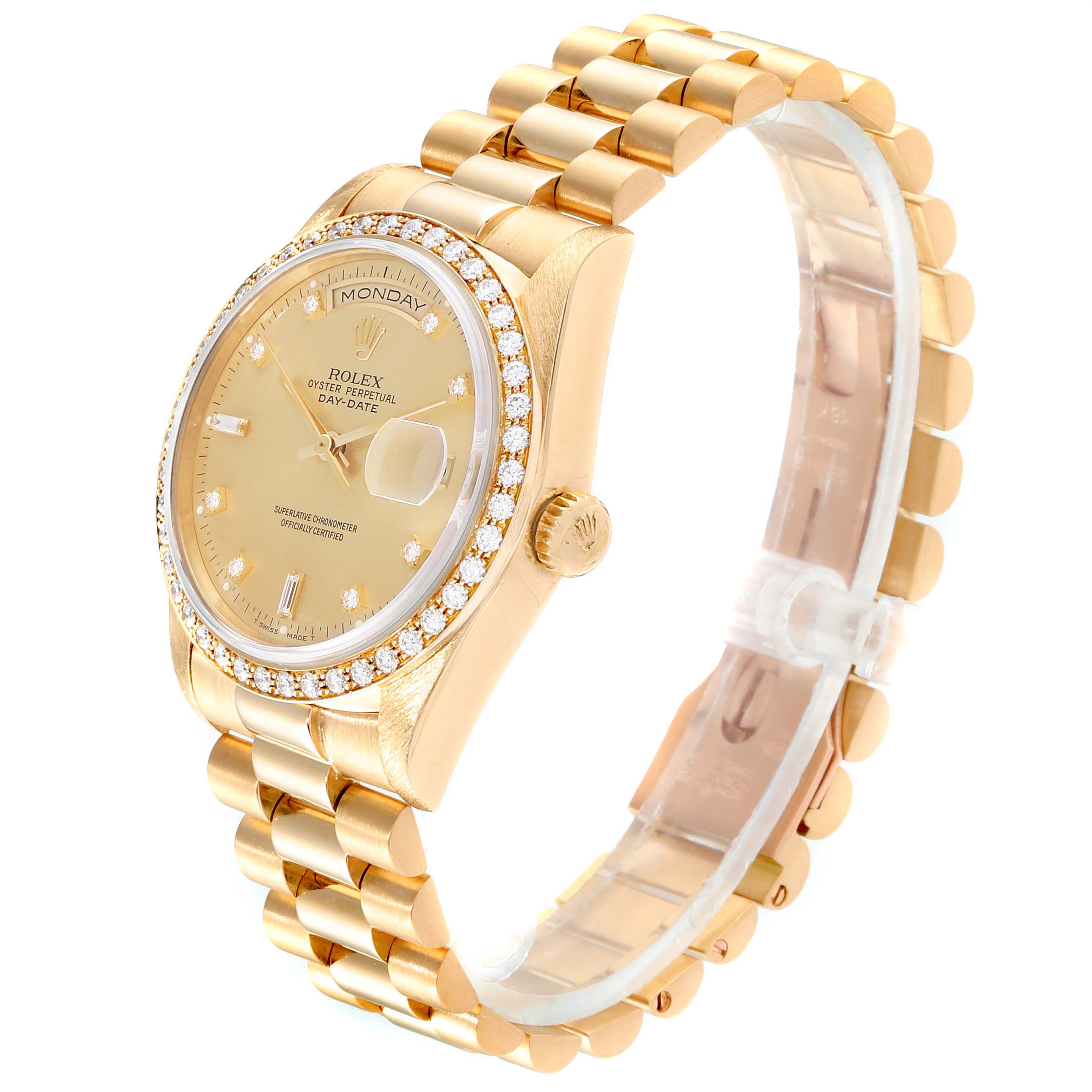 This image shows a side angle of the Rolex President 18038 Men's Yellow Gold Champagne Dial 18038 Men's Yellow Gold Champagne Dial model watch, highlighting the bezel, dial, crown, and bracelet.