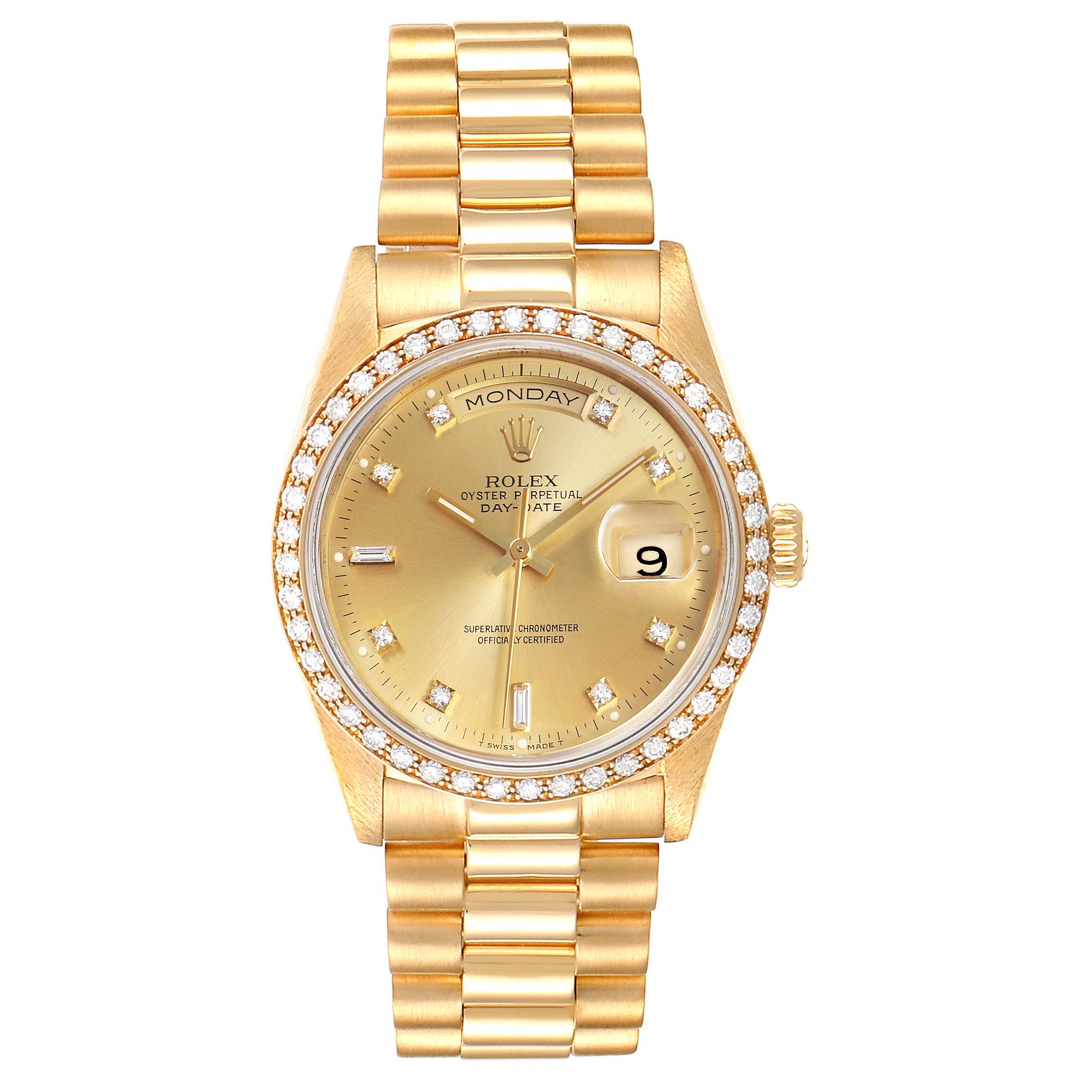 The Rolex President 18038 Men's Yellow Gold Champagne Dial 18038 Men's Yellow Gold Champagne Dial Model watch is shown from a front angle, displaying the face, bezel, bracelet, and crown clearly.