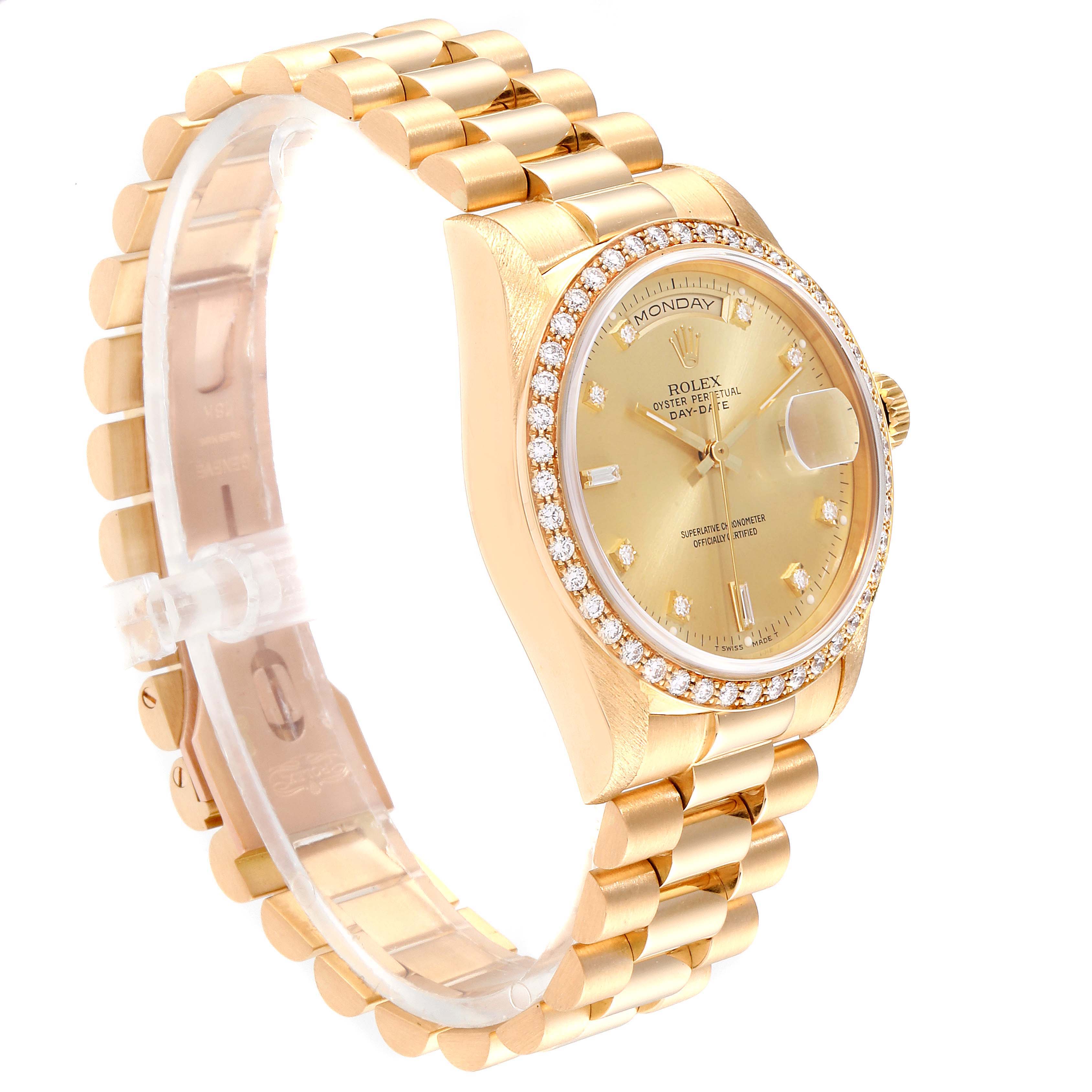 The image shows a Rolex President 18038 Men's Yellow Gold Champagne Dial 18038 Men's Yellow Gold Champagne Dial model watch at a three-quarter angle, displaying the watch face, bracelet, and crown.