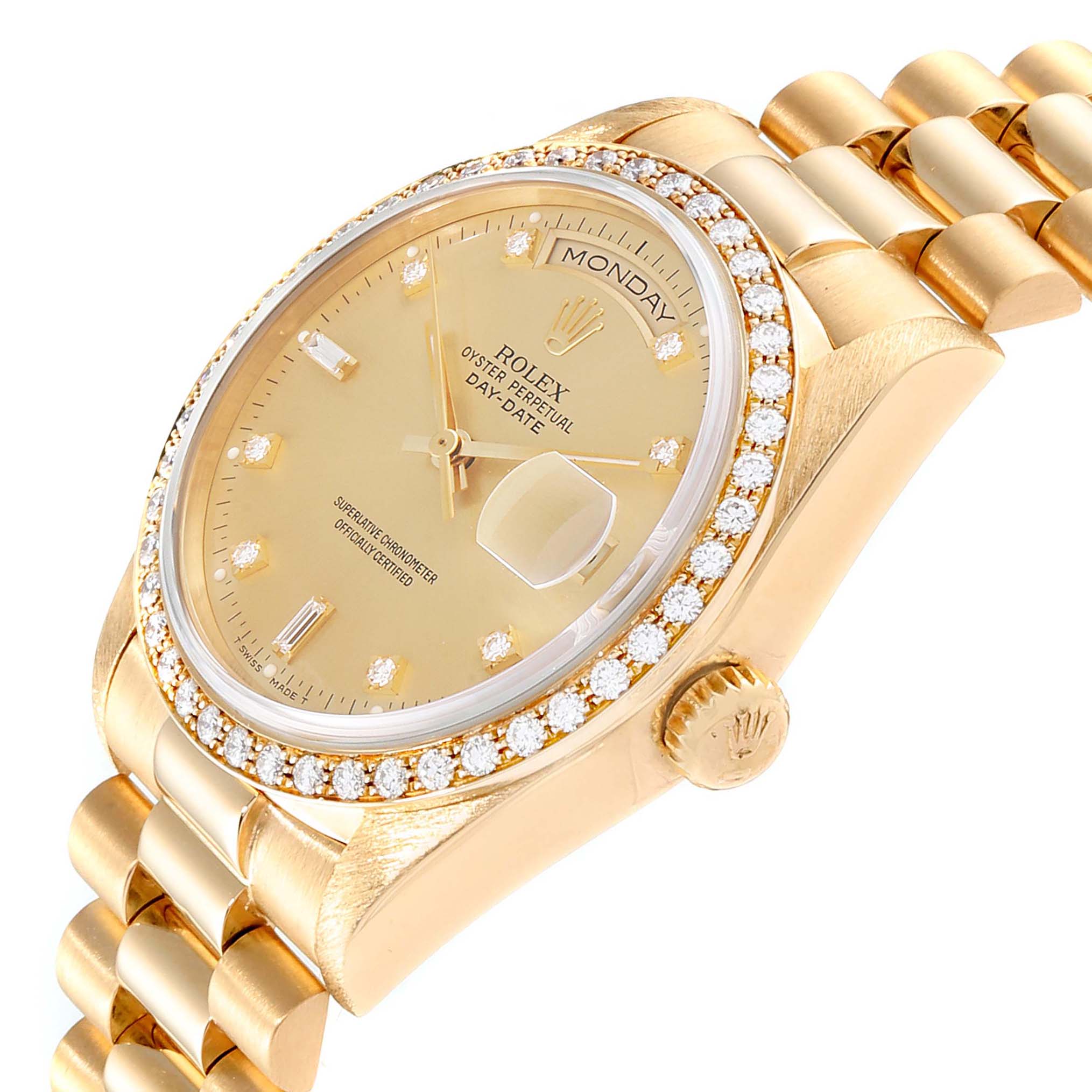 This image shows a Rolex President 18038 Men's Yellow Gold Champagne Dial 18038 Men's Yellow Gold Champagne Dial model watch from a tilted front angle, highlighting its face, diamond bezel, and band.