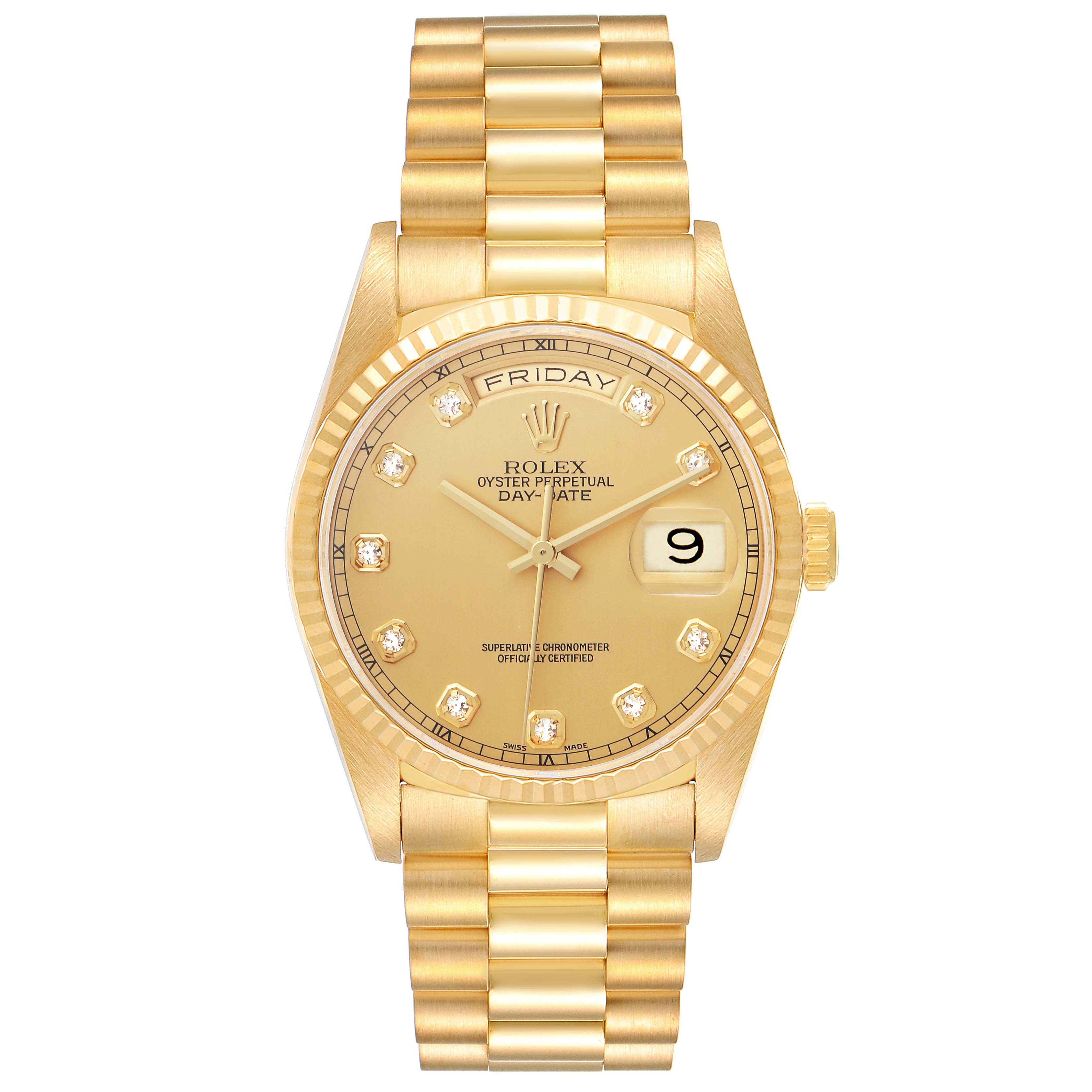 The Rolex President 18238 Men's Yellow Gold Champagne Dial 18238 Men's Yellow Gold Champagne Dial model watch is shown from a top-down angle, displaying the face and bracelet clearly.