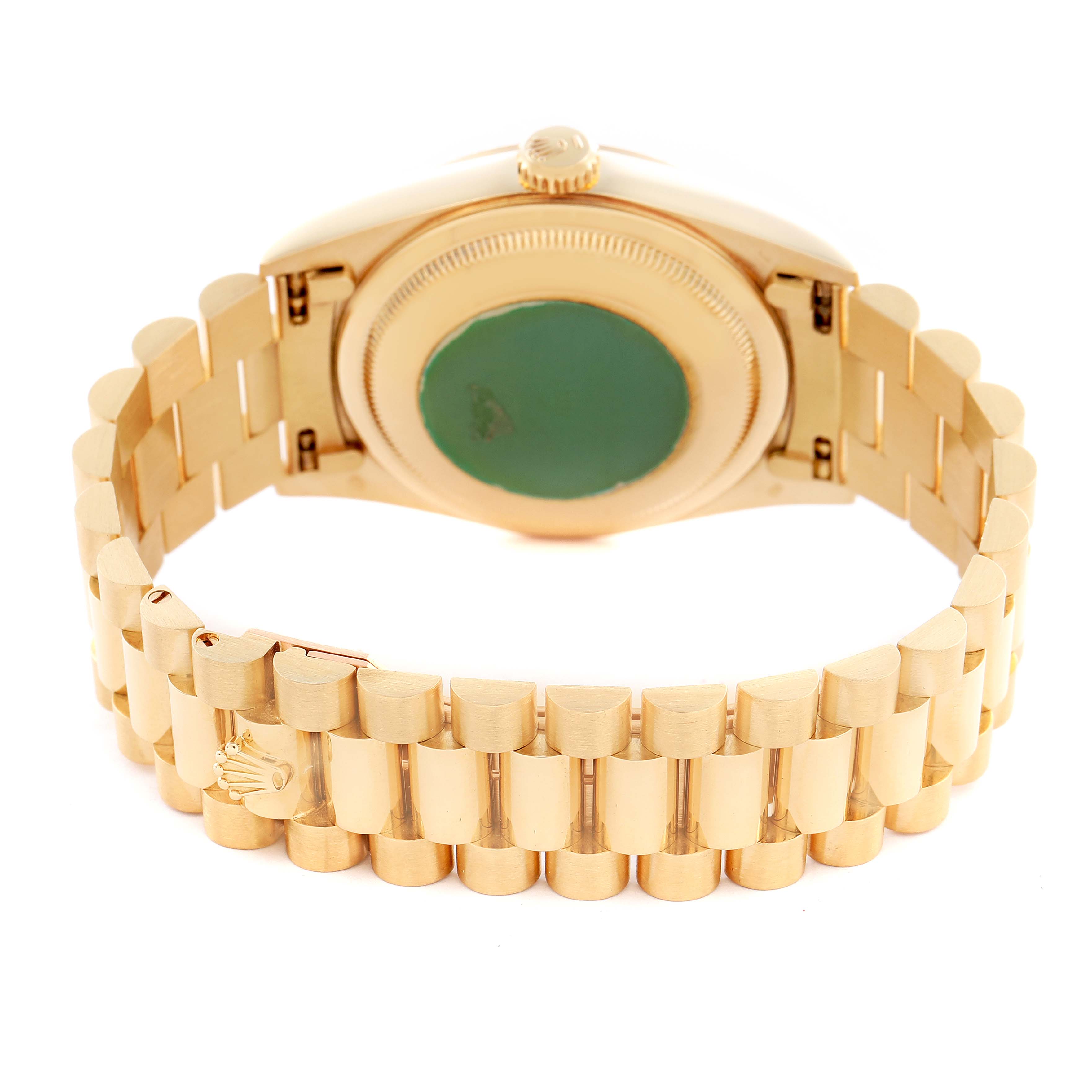 The image shows the back and bracelet of a Rolex President 18238 Men's Yellow Gold Champagne Dial 18238 Men's Yellow Gold Champagne Dial model, highlighting the gold links and clasp.