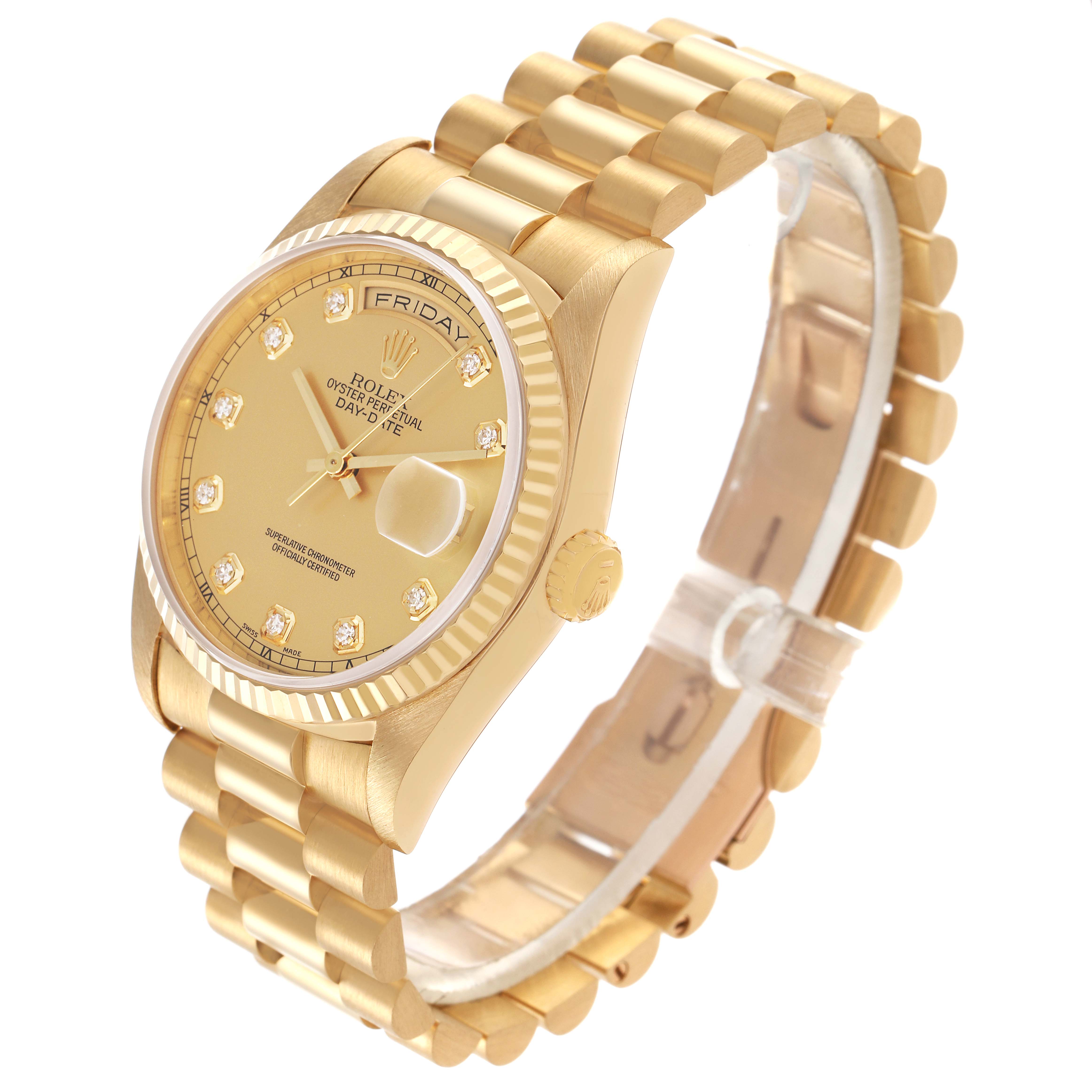 The Rolex President 18238 Men's Yellow Gold Champagne Dial 18238 Men's Yellow Gold Champagne Dial watch is shown at a three-quarter angle, highlighting its dial, fluted bezel, bracelet, and crown.