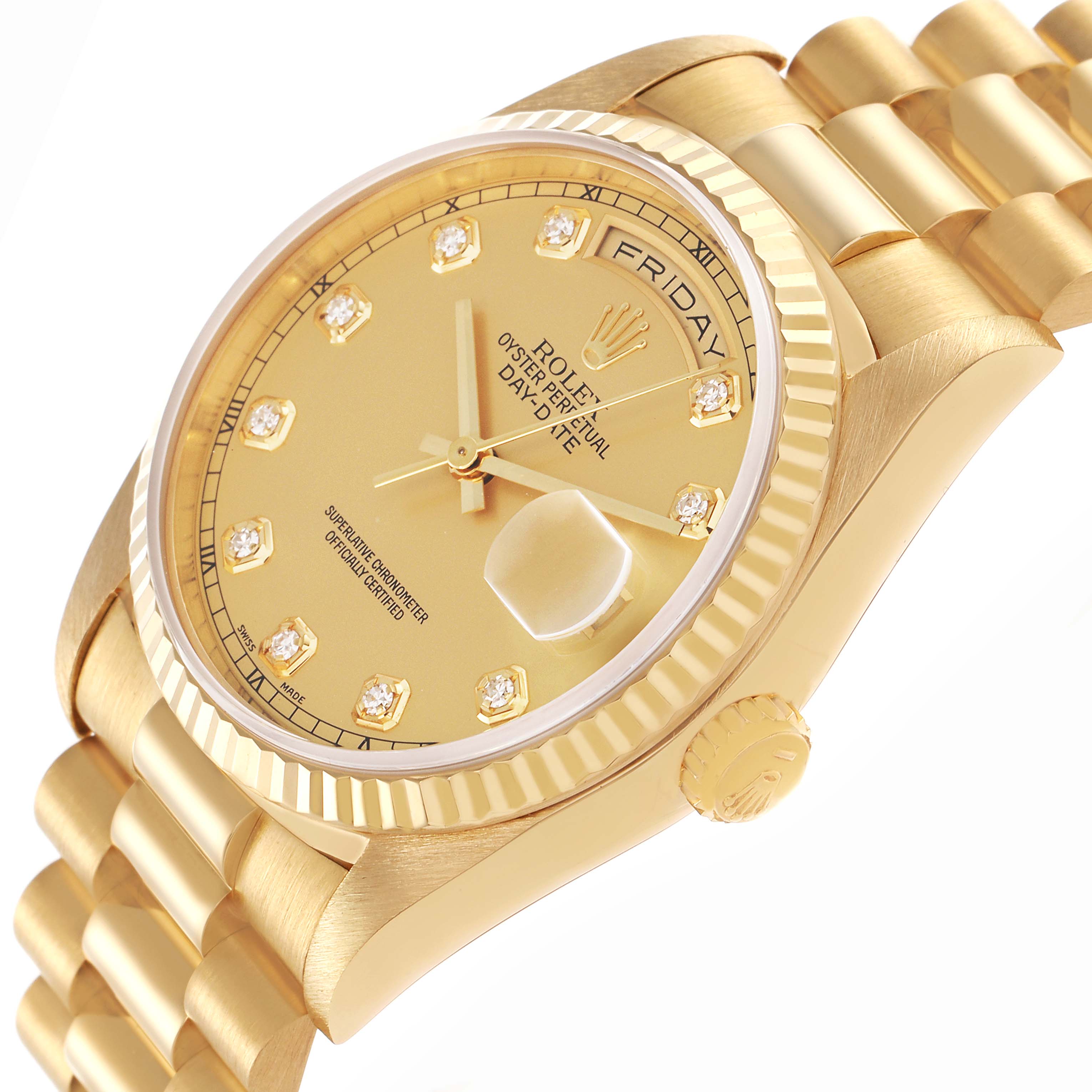 The Rolex President 18238 Men's Yellow Gold Champagne Dial 18238 Men's Yellow Gold Champagne Dial model is shown at a three-quarter angle, highlighting the dial, bezel, and bracelet.