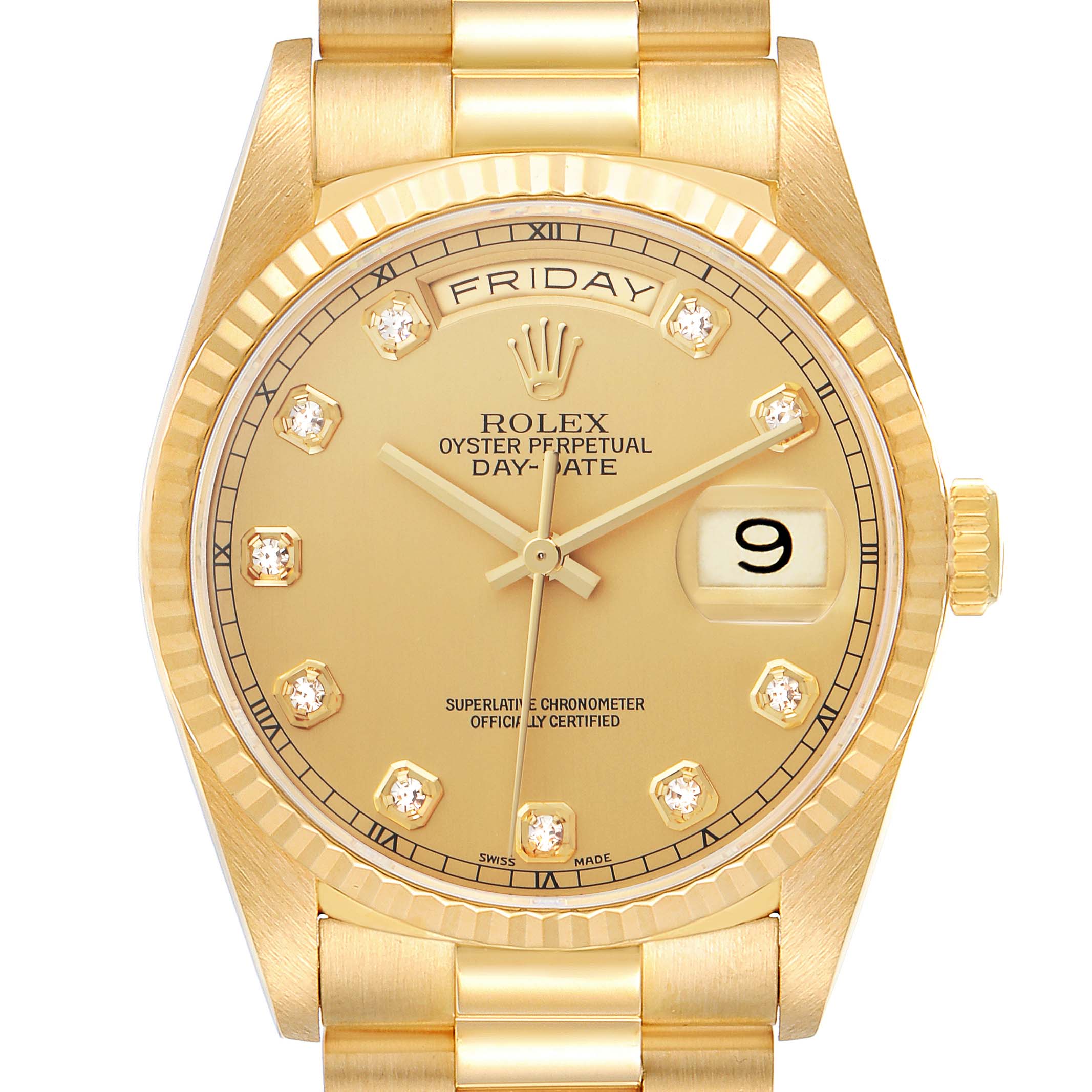 The Rolex President 18238 Men's Yellow Gold Champagne Dial 18238 Men's Yellow Gold Champagne Dial model is shown from the front, highlighting the dial, day-date display, and diamond hour markers.