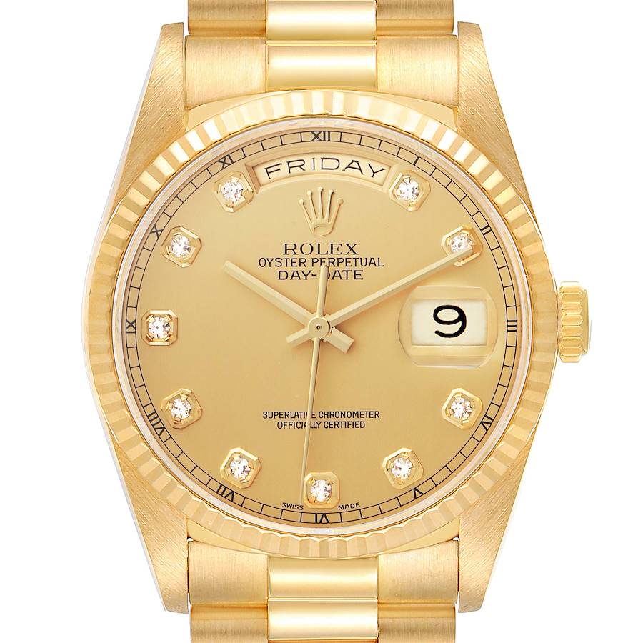 The Rolex President model is shown from the front, highlighting the dial, day-date display, and diamond hour markers.