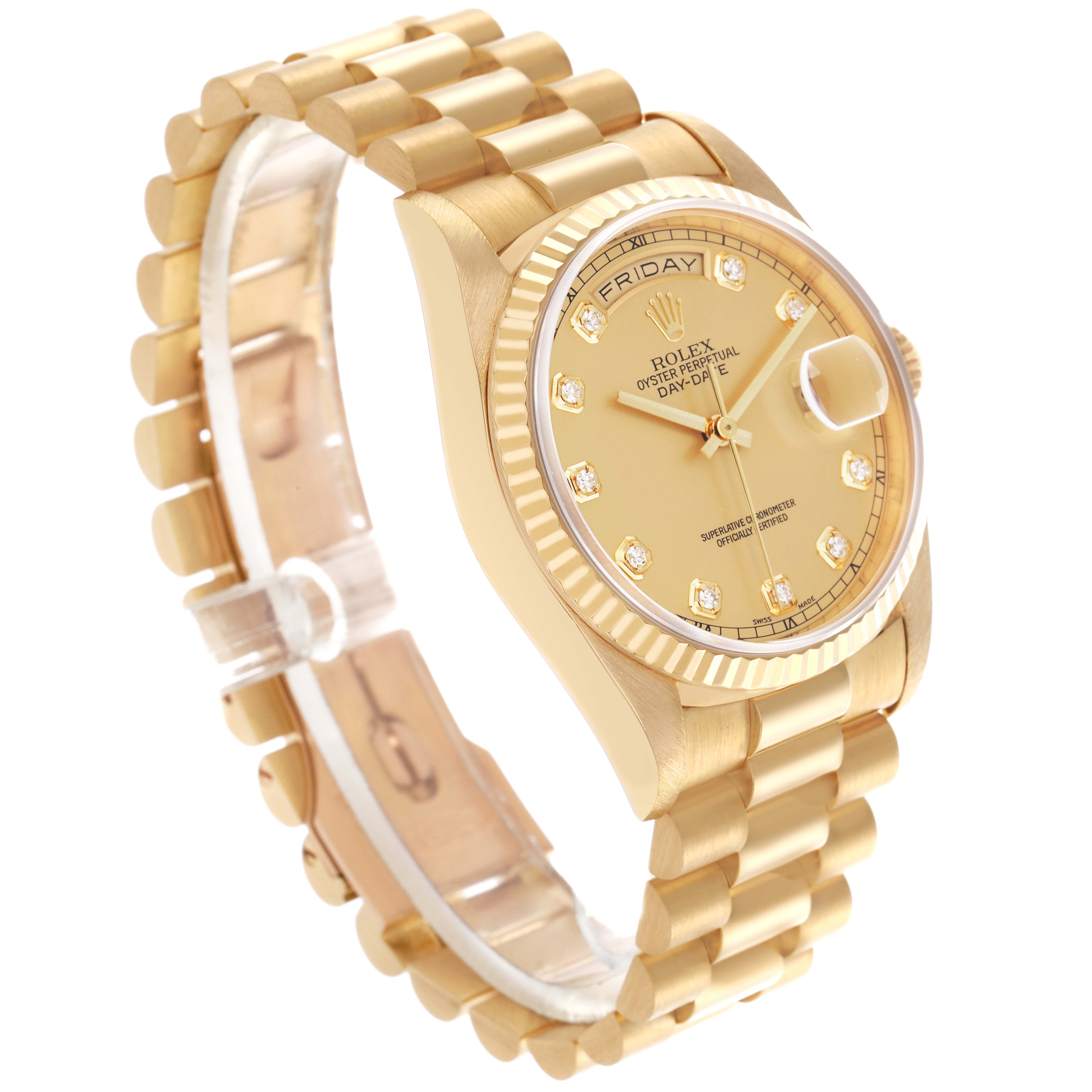 The Rolex President 18238 Men's Yellow Gold Champagne Dial 18238 Men's Yellow Gold Champagne Dial model is shown at a three-quarter angle, displaying the dial, bezel, bracelet, and crown.