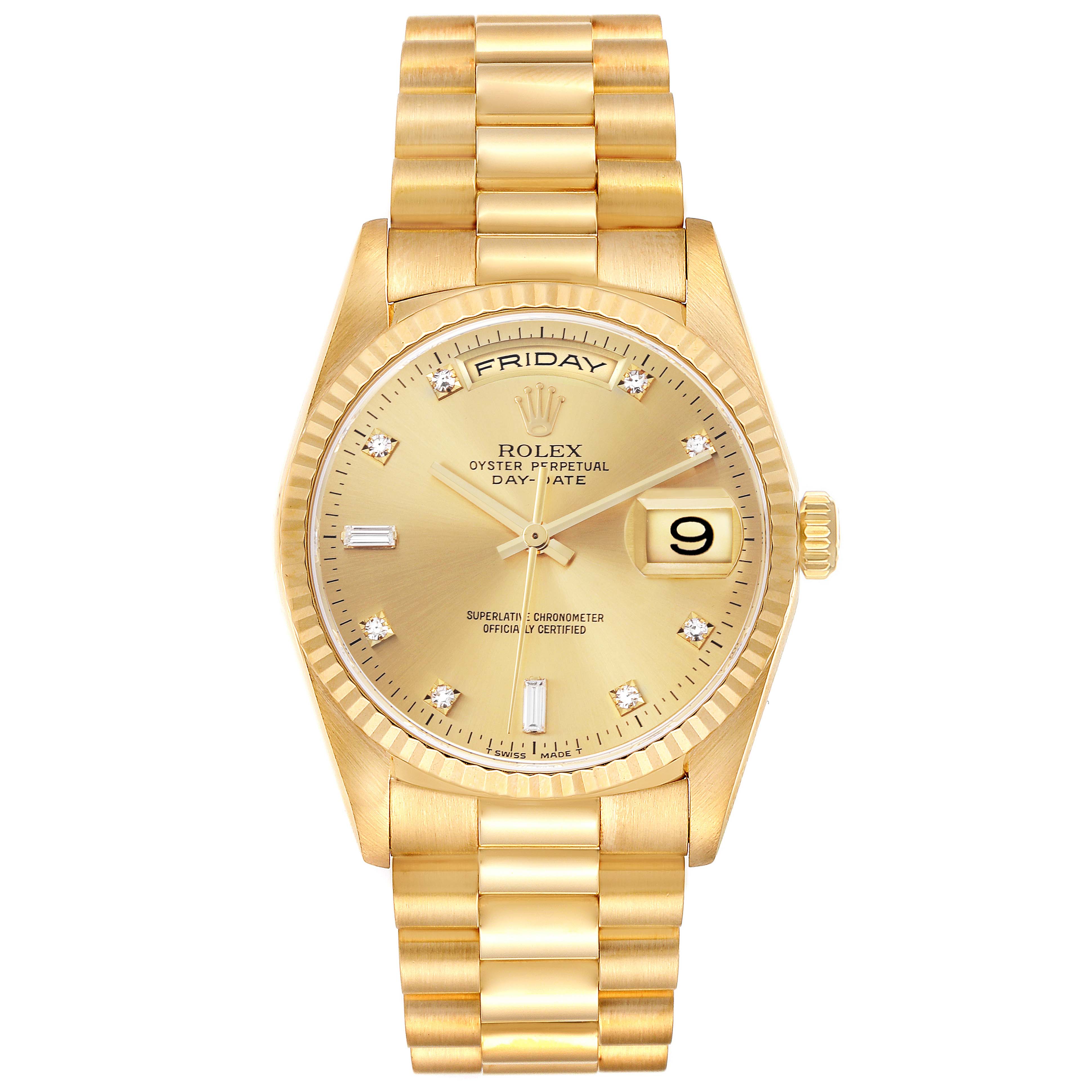 The Rolex President 18238 Men
s Yellow Gold Champagne Dial 18238 Men
s Yellow Gold Champagne Dial model watch is shown from the front, displaying the gold bracelet, bezel, dial, day, and date features.