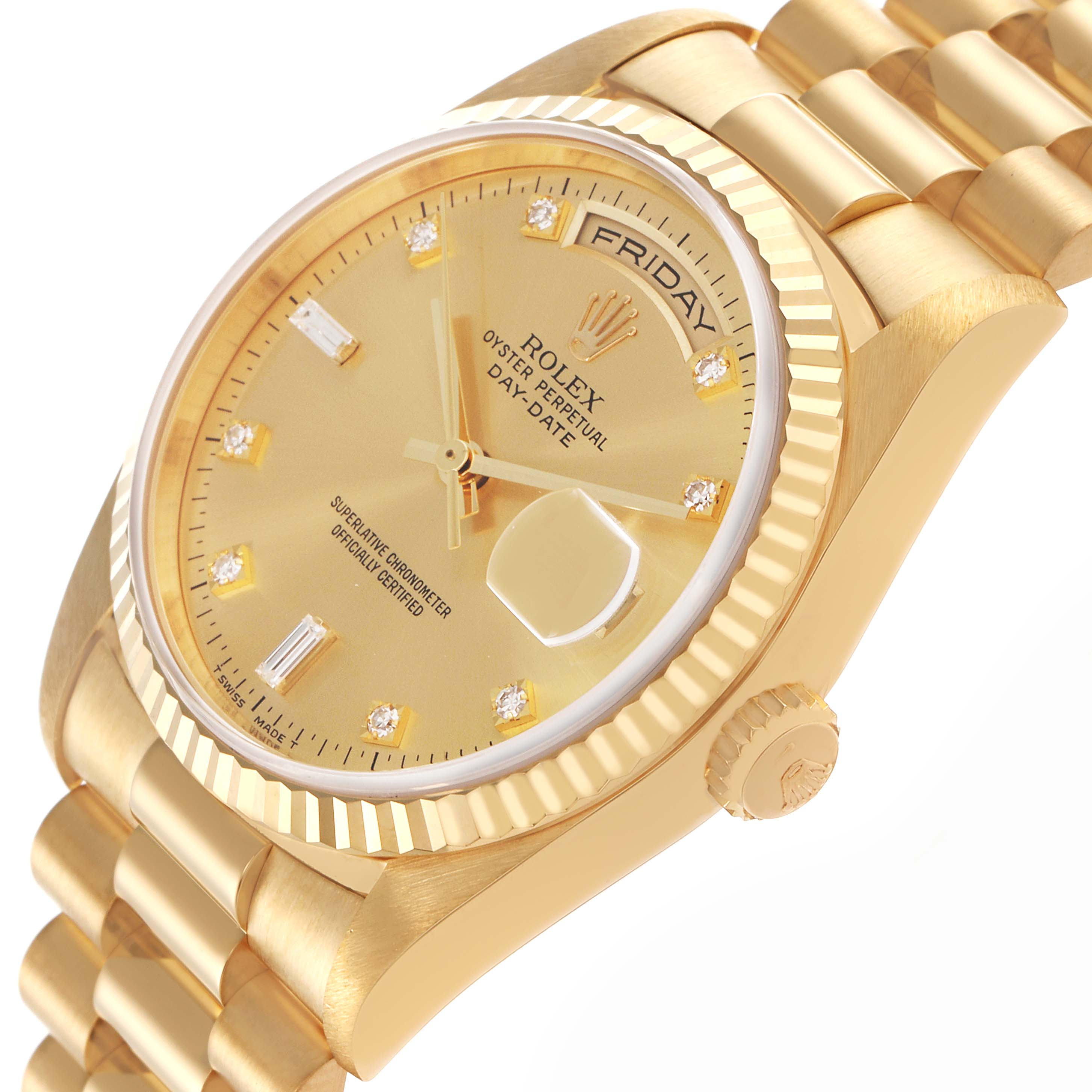 The Rolex President 18238 Men
s Yellow Gold Champagne Dial 18238 Men
s Yellow Gold Champagne Dial model watch is shown at a three-quarter angle, highlighting the dial, bezel, crown, and bracelet.