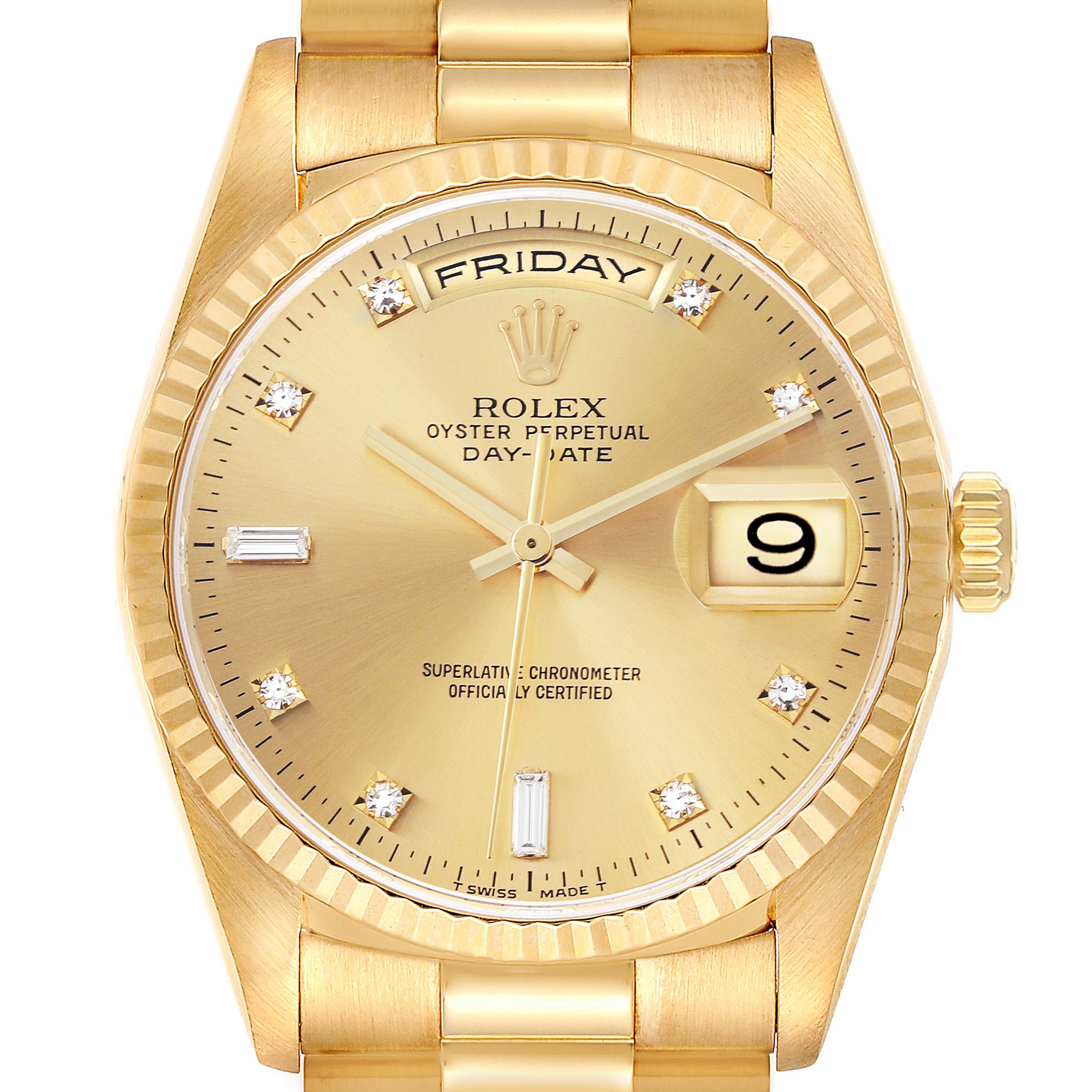 The Rolex President 18238 Men
s Yellow Gold Champagne Dial 18238 Men
s Yellow Gold Champagne Dial model is shown from the front, featuring the dial, hands, crown, date window, and part of the bracelet.