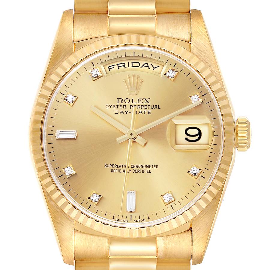 The Rolex President model is shown from the front, featuring the dial, hands, crown, date window, and part of the bracelet.