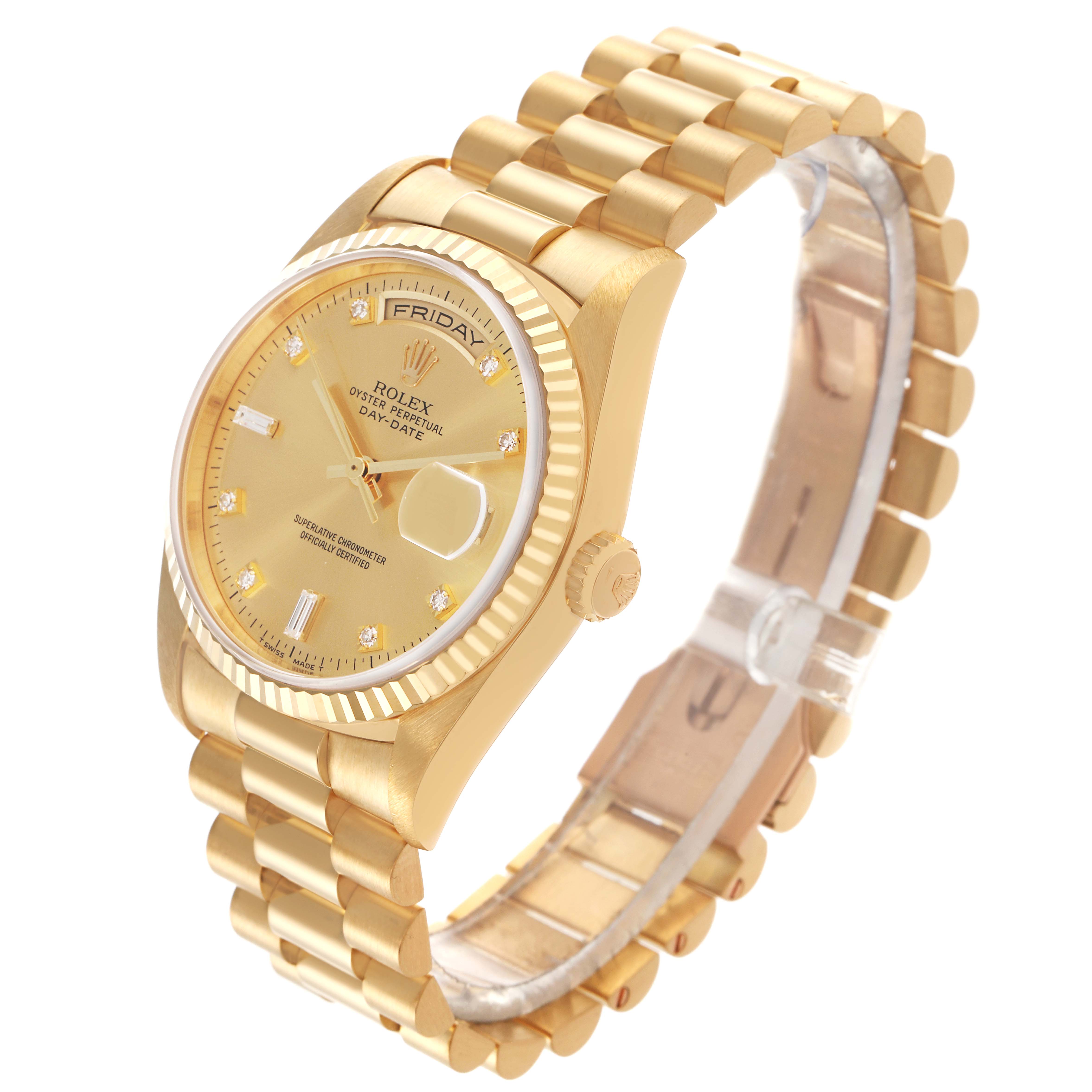 The image shows a side-angle view of the Rolex President 18238 Men
s Yellow Gold Champagne Dial 18238 Men
s Yellow Gold Champagne Dial watch, highlighting the bracelet, face, and crown.