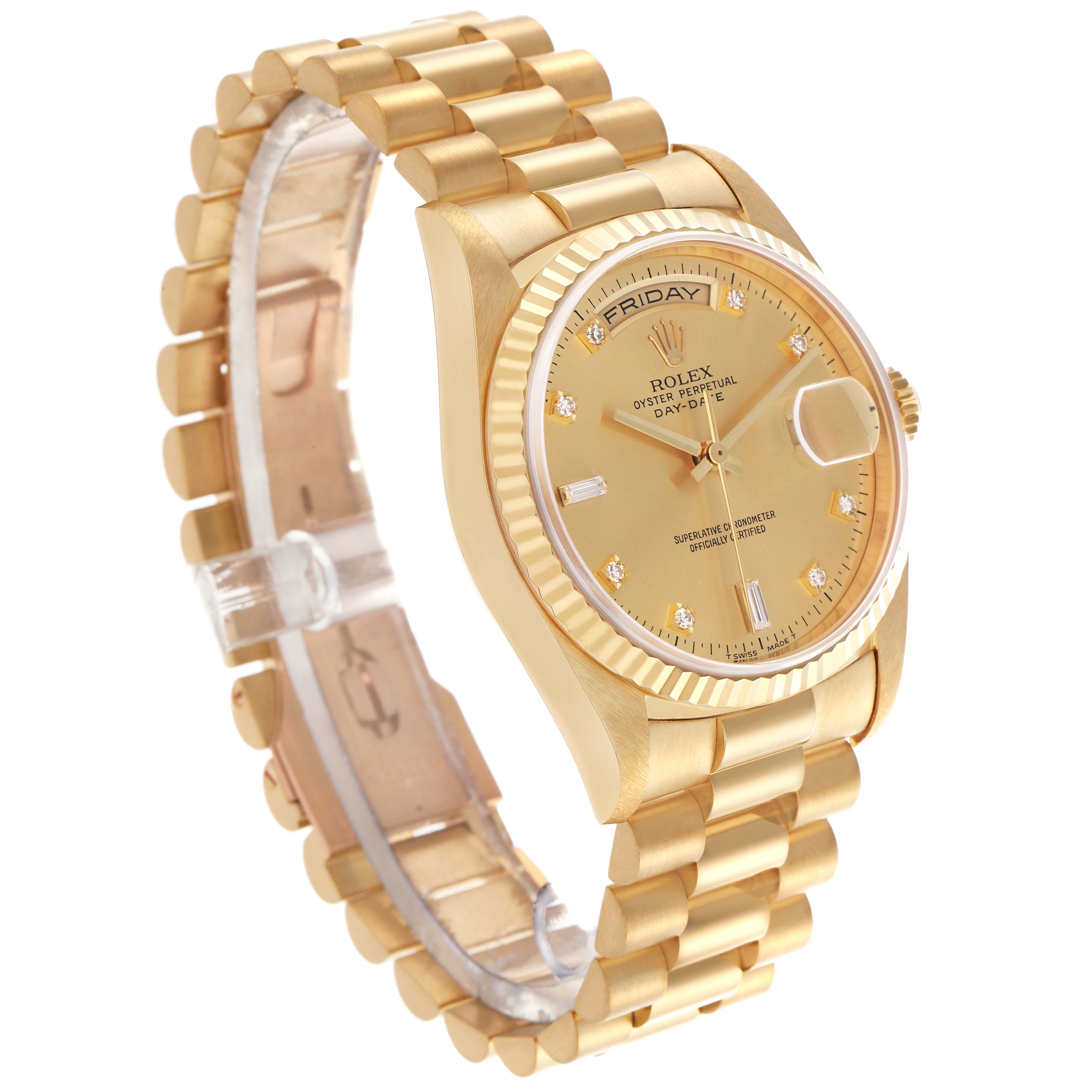 The Rolex President 18238 Men
s Yellow Gold Champagne Dial 18238 Men
s Yellow Gold Champagne Dial model watch is shown at an angle highlighting its gold bracelet, bezel, and dial with a day and date display.